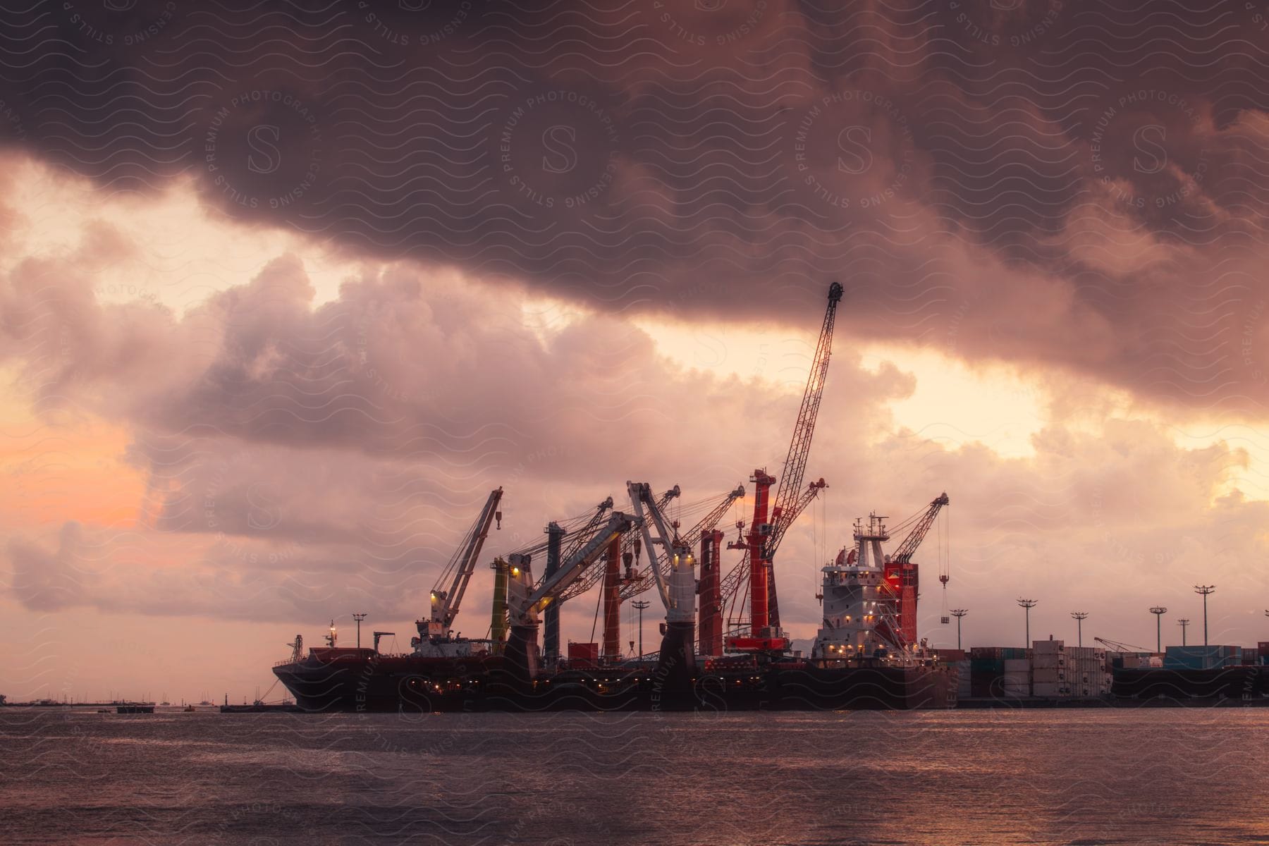 Cargo ship on the water next to a port under a sky with heavy clouds