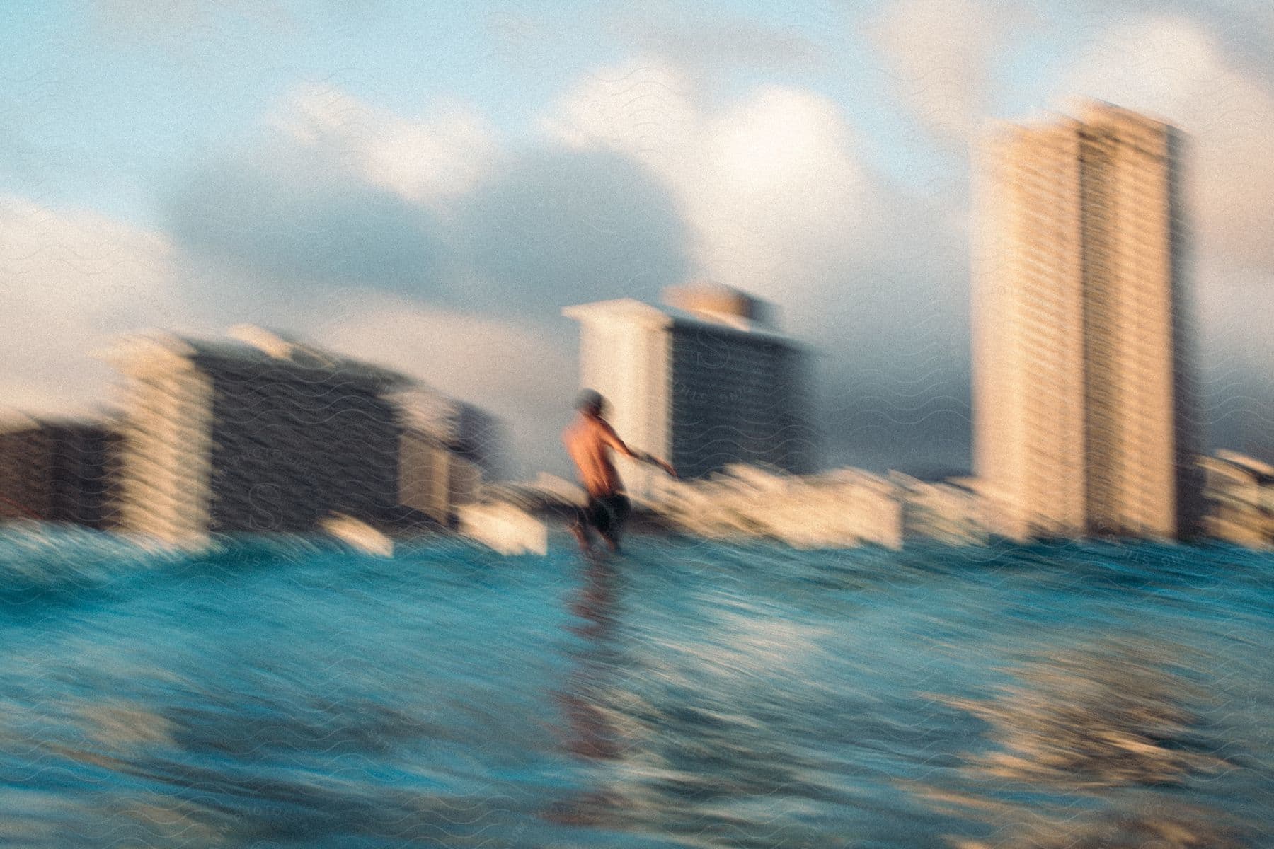 A man is surfing a wave with beachside hotels in the distance