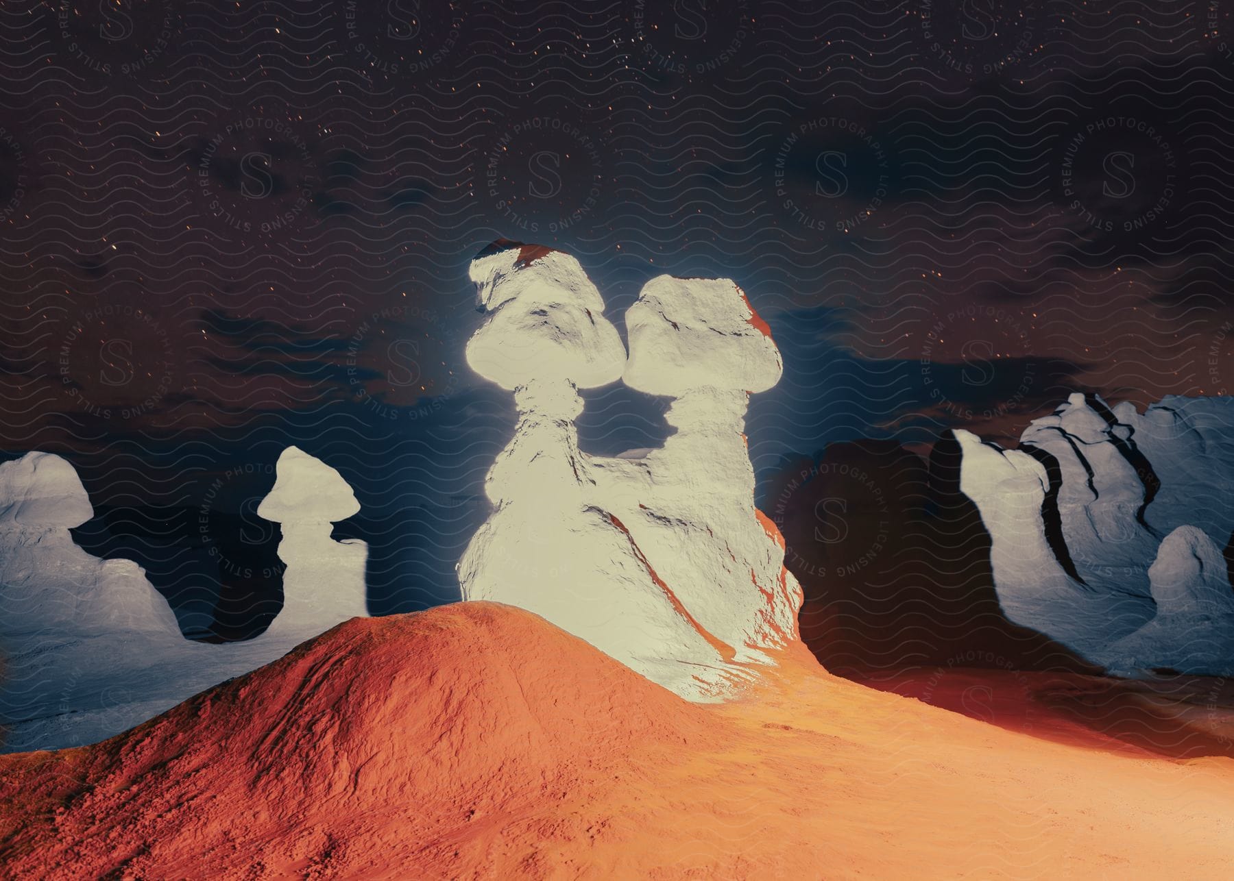 Stone structures in the desert at night with colored lighting