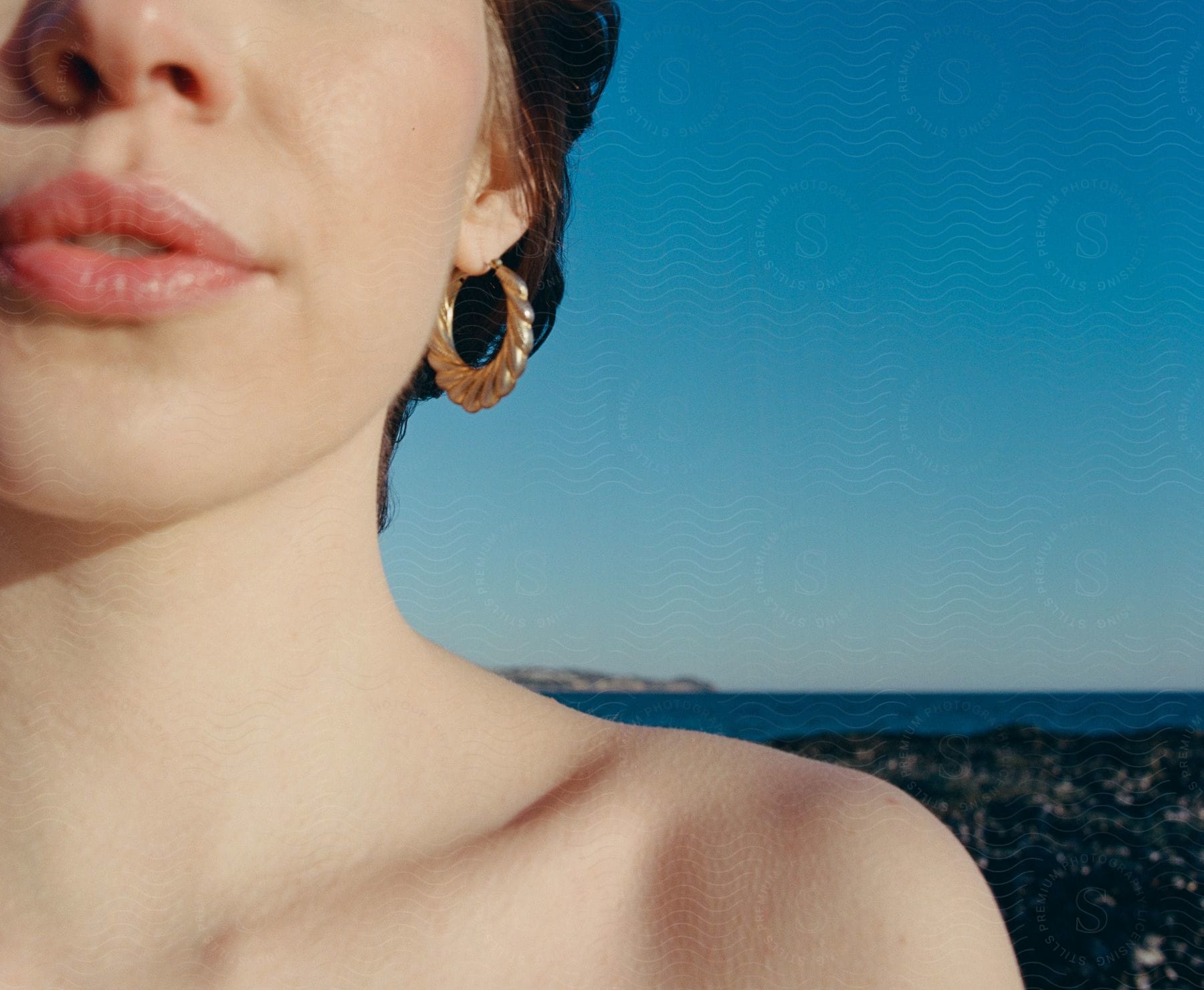 A young womans face and shoulders with a coastal community in the background