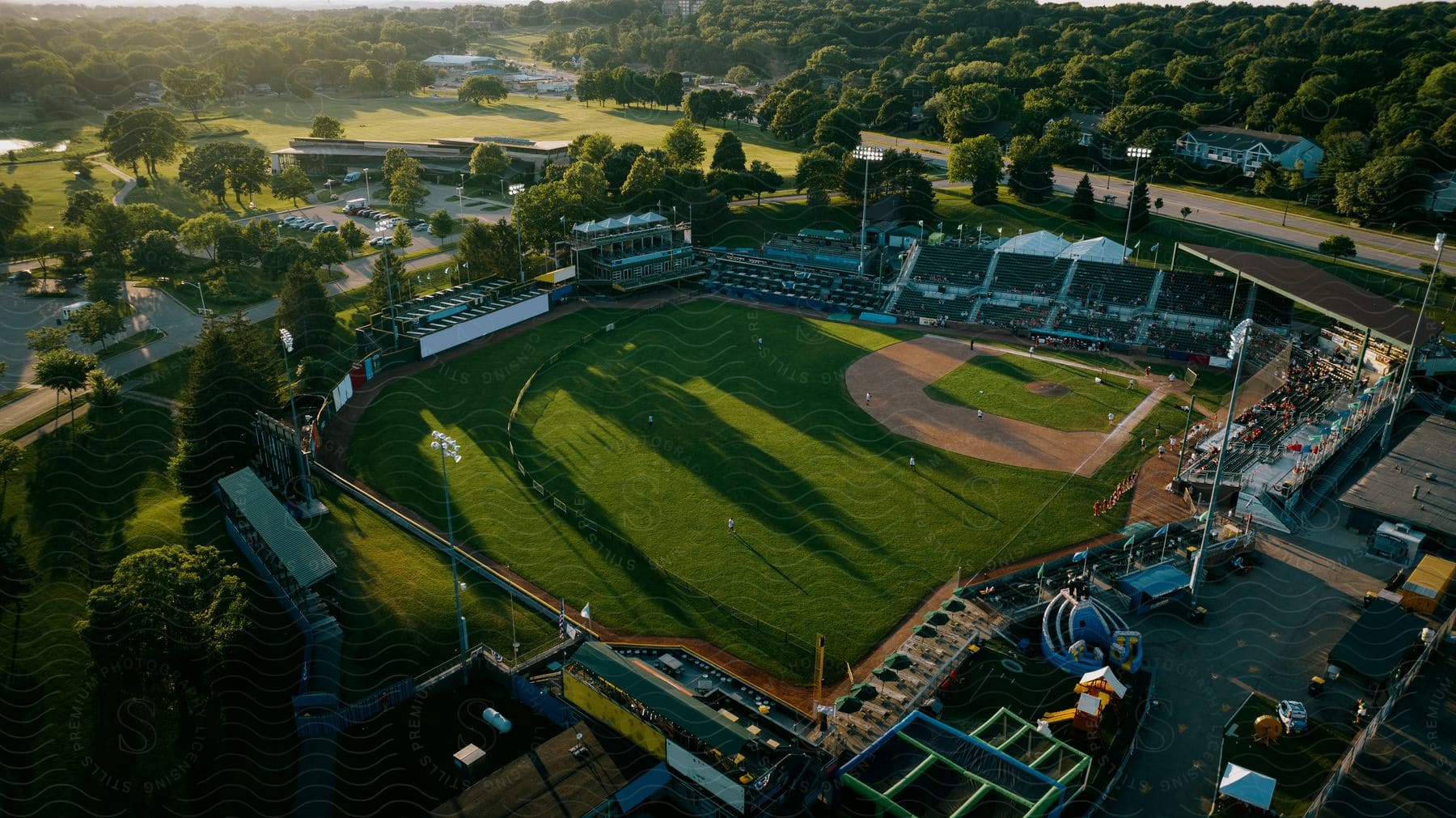 An aerial view of a baseball field