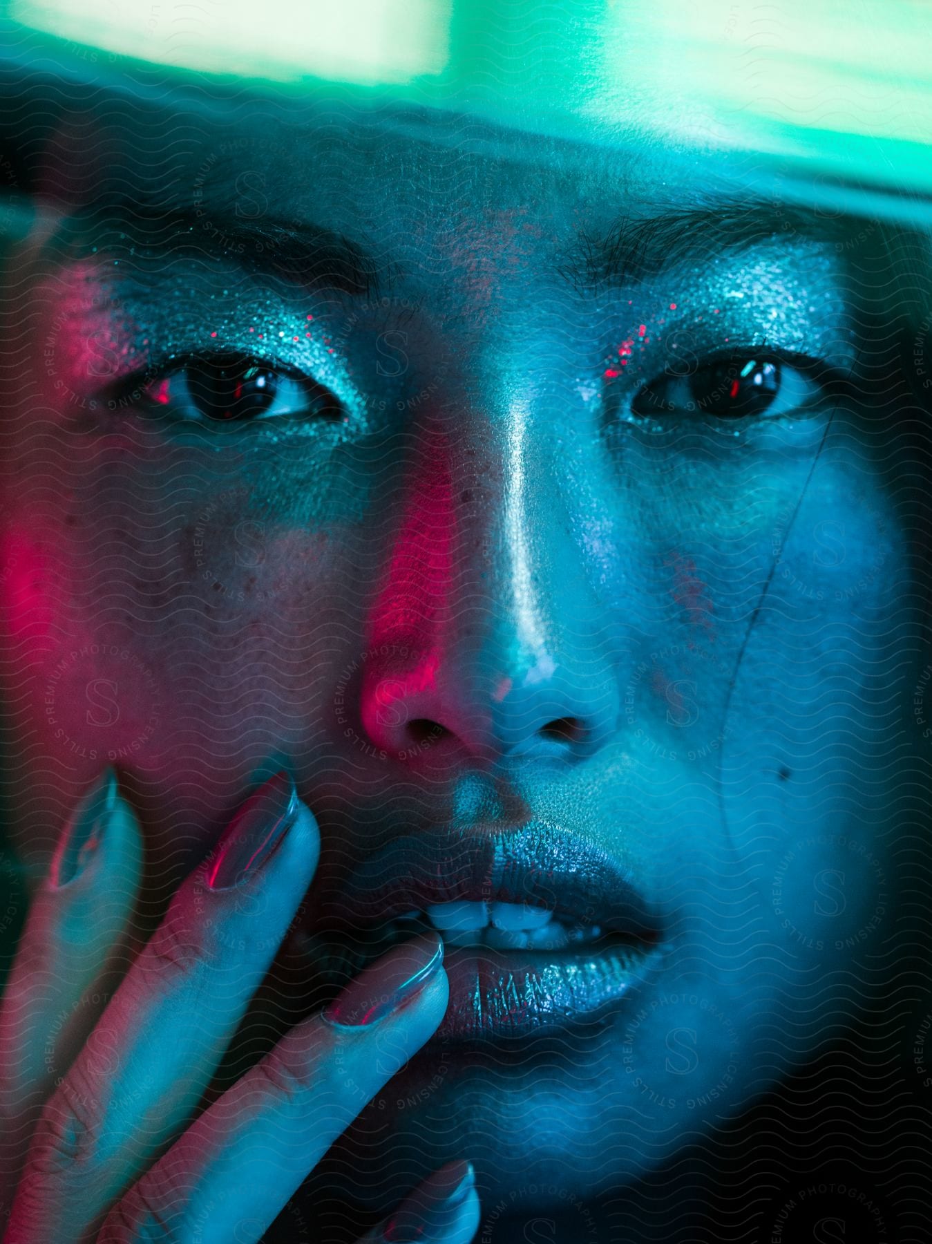 Asian woman under neon lights touches her lips with her nail-polished fingers.