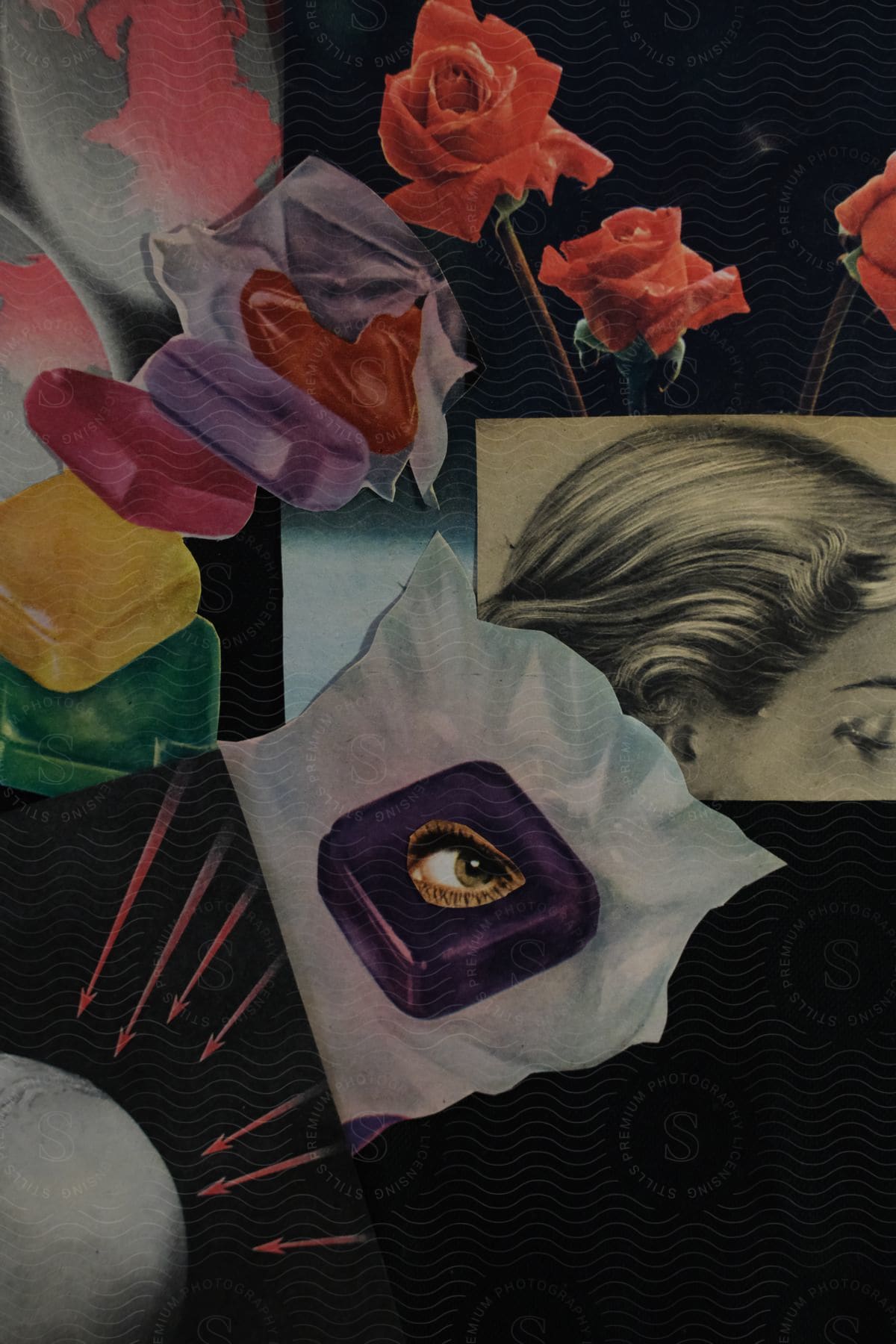 A painting of candies, one of them with an eye on it, as well as roses, arrows and a woman's hair.