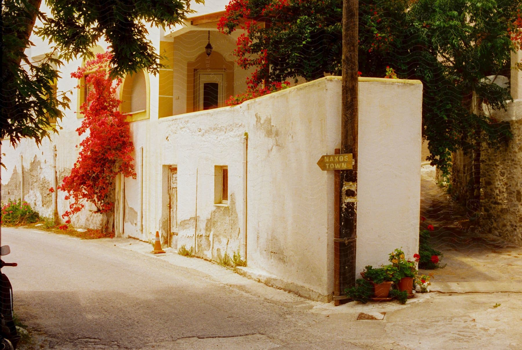 External architecture of a classic neighborhood with narrow streets, houses, and vegetation.