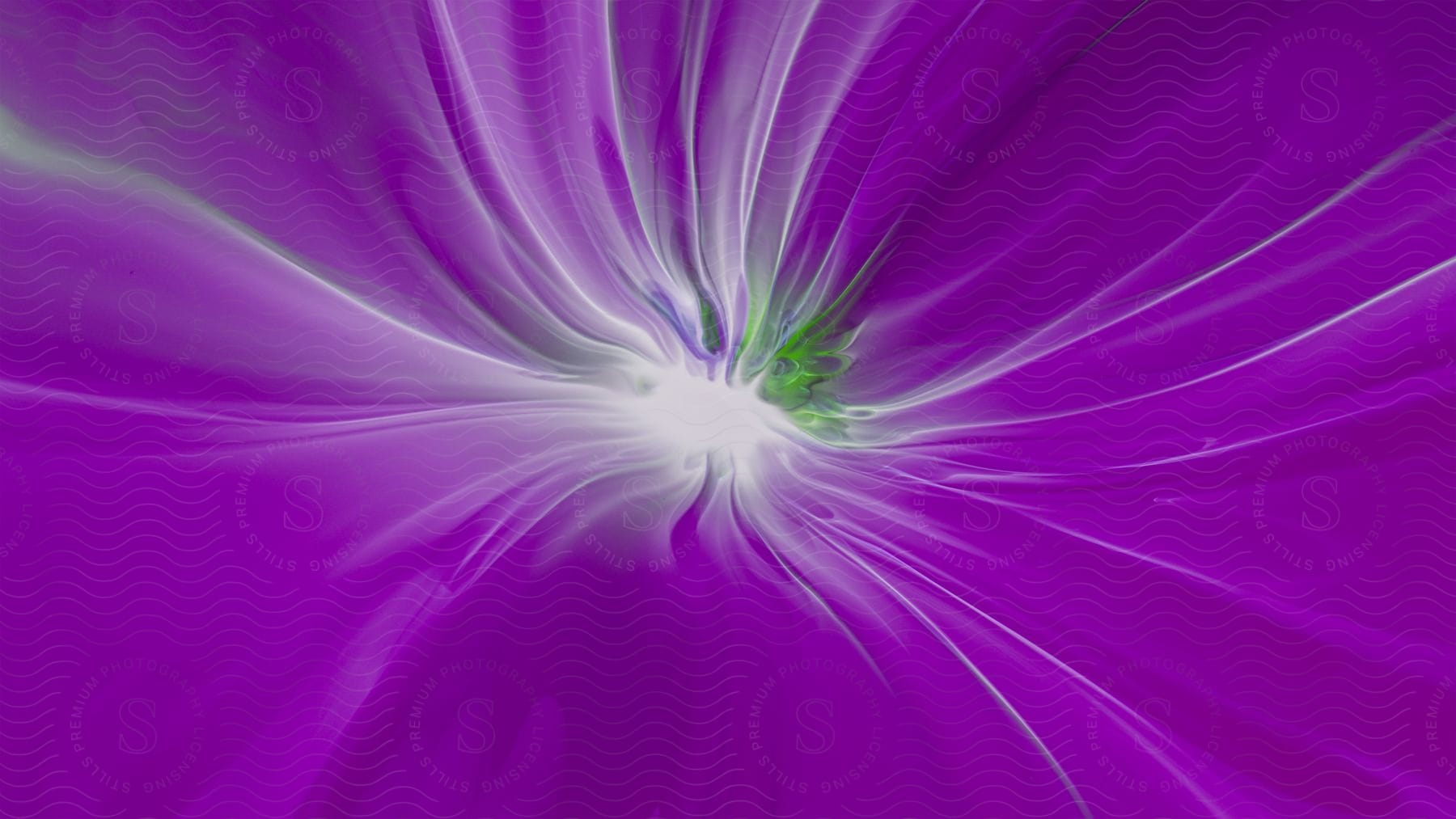 An white abstract shape that resembles a flower with a bright purple background and green highlights.