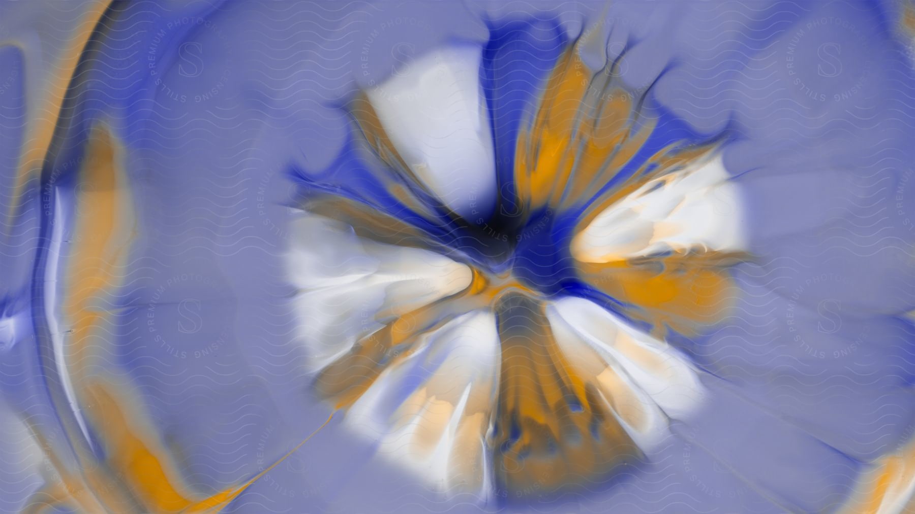 abstract painting with three centers of blue, yellow, and white, in the shape of a flower