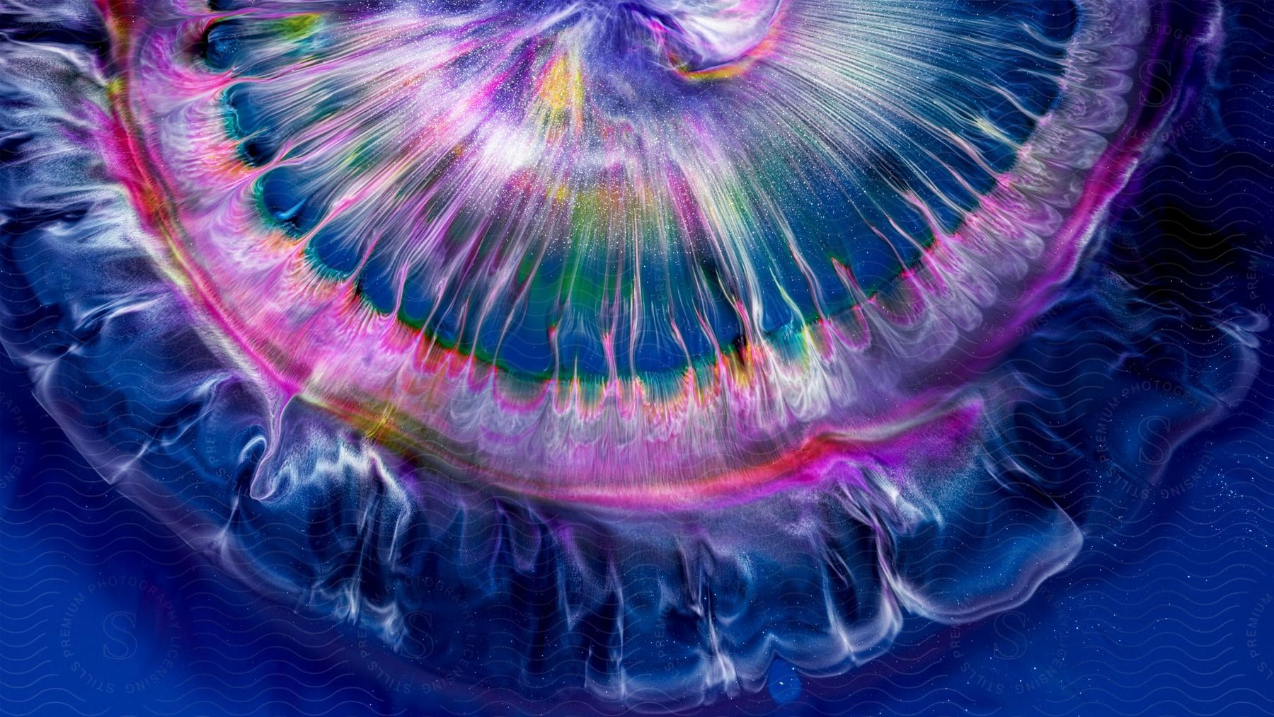 Colours spreading in a circular pattern in blue liquid.