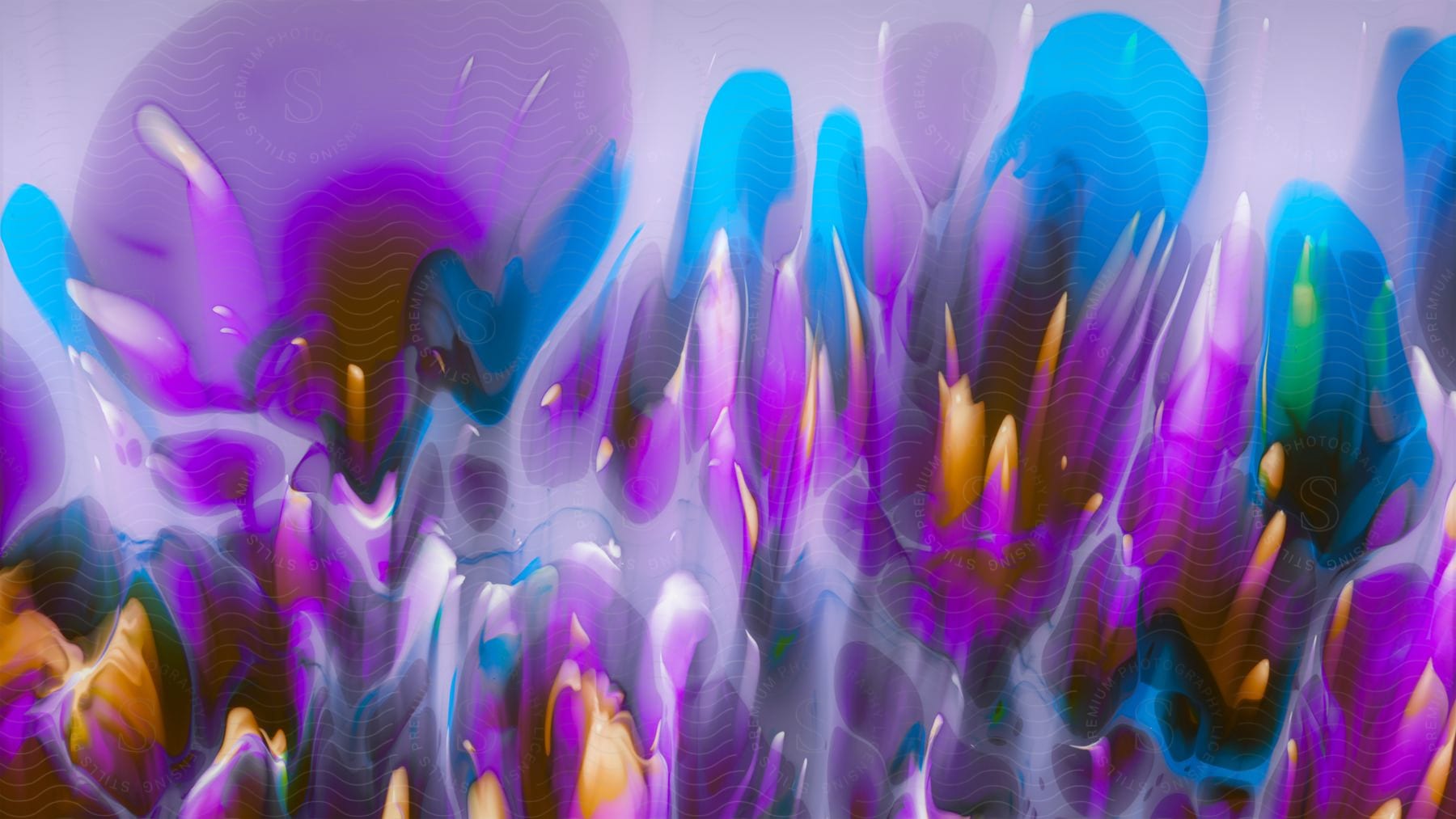 A vibrant abstract painting of purple and blue flowers