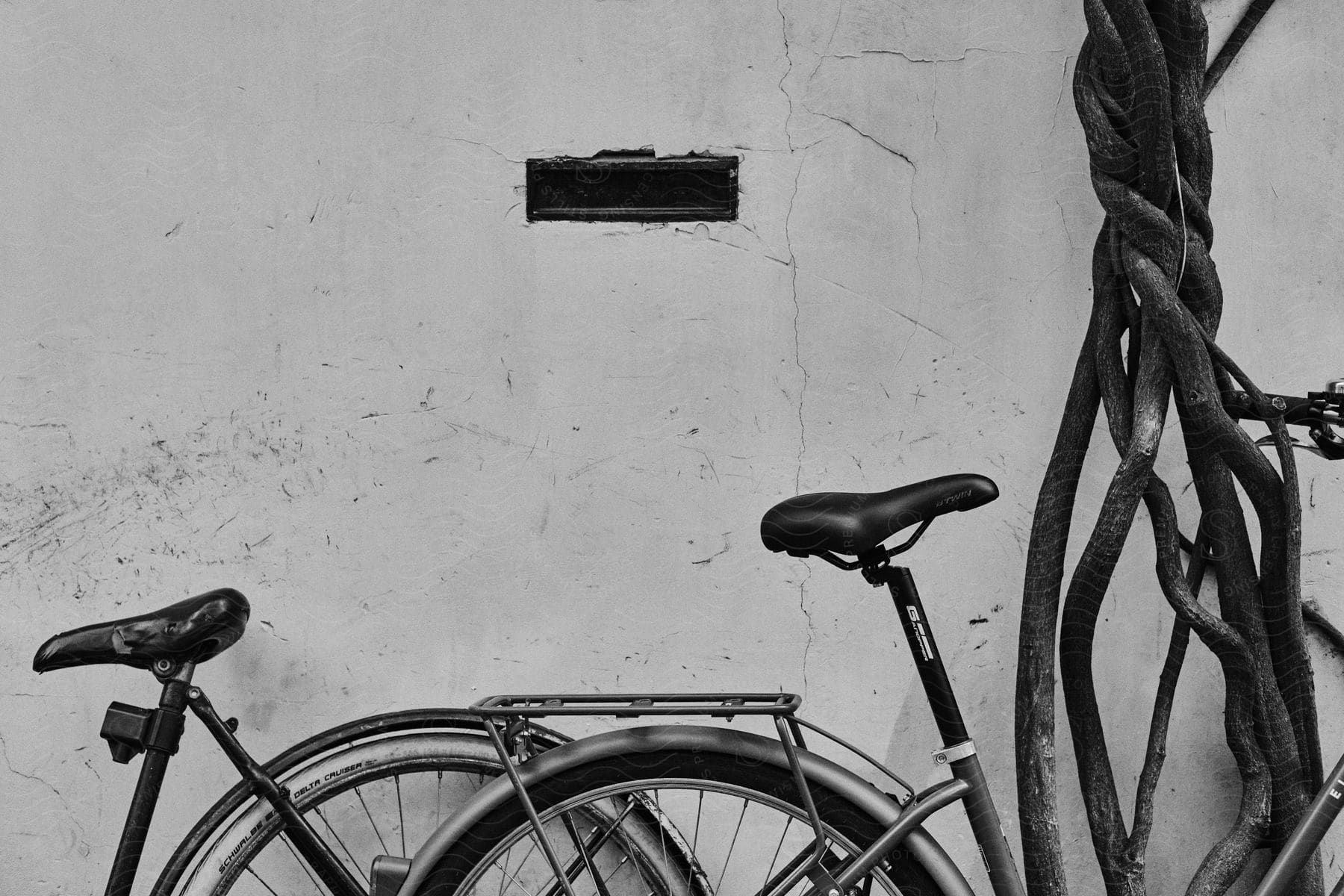 Two bicycles lean against wall near drop off slot.