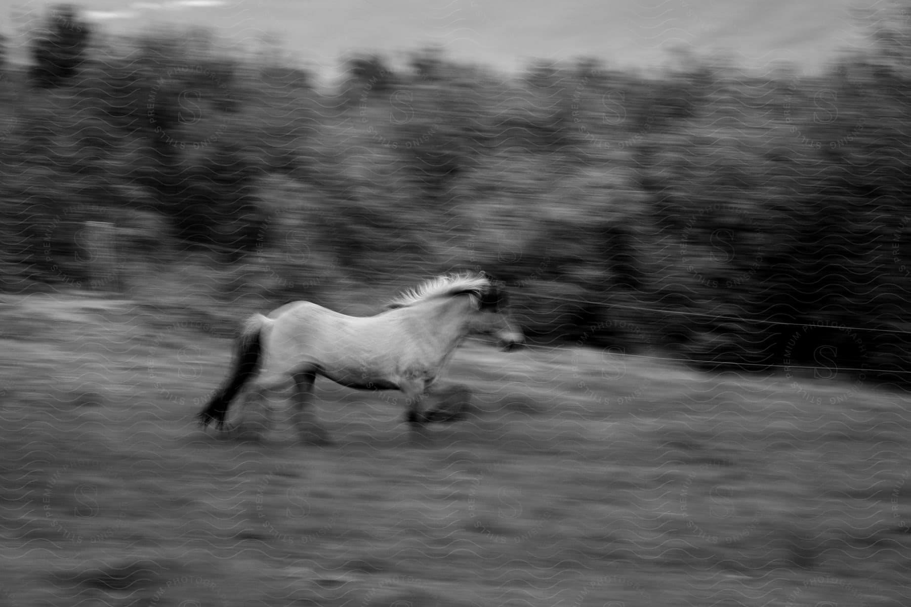 Stock photo of a horse's mane and tail blur as it gallops through a field of green, with trees in the background.