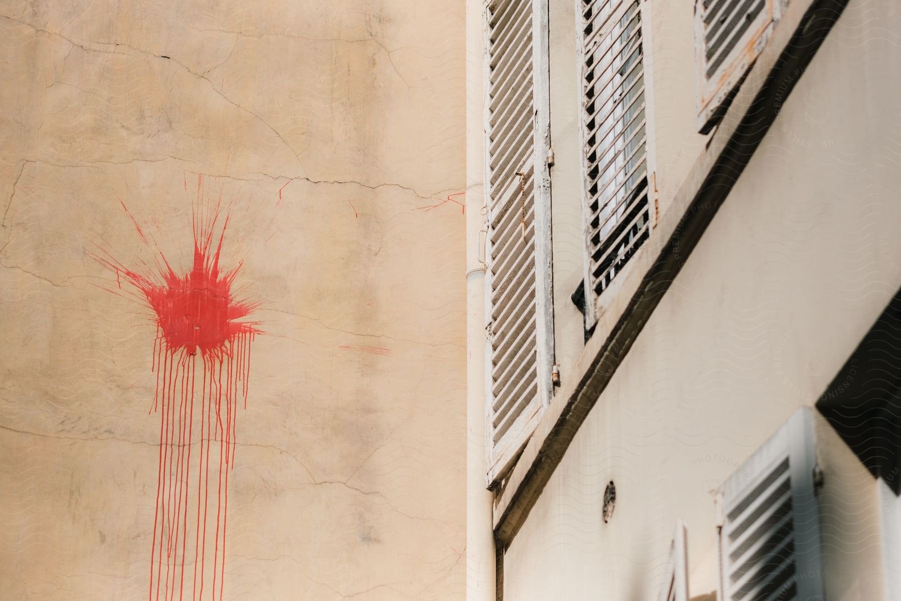 Red paint splattered on a concrete wall exterior next to window shutters