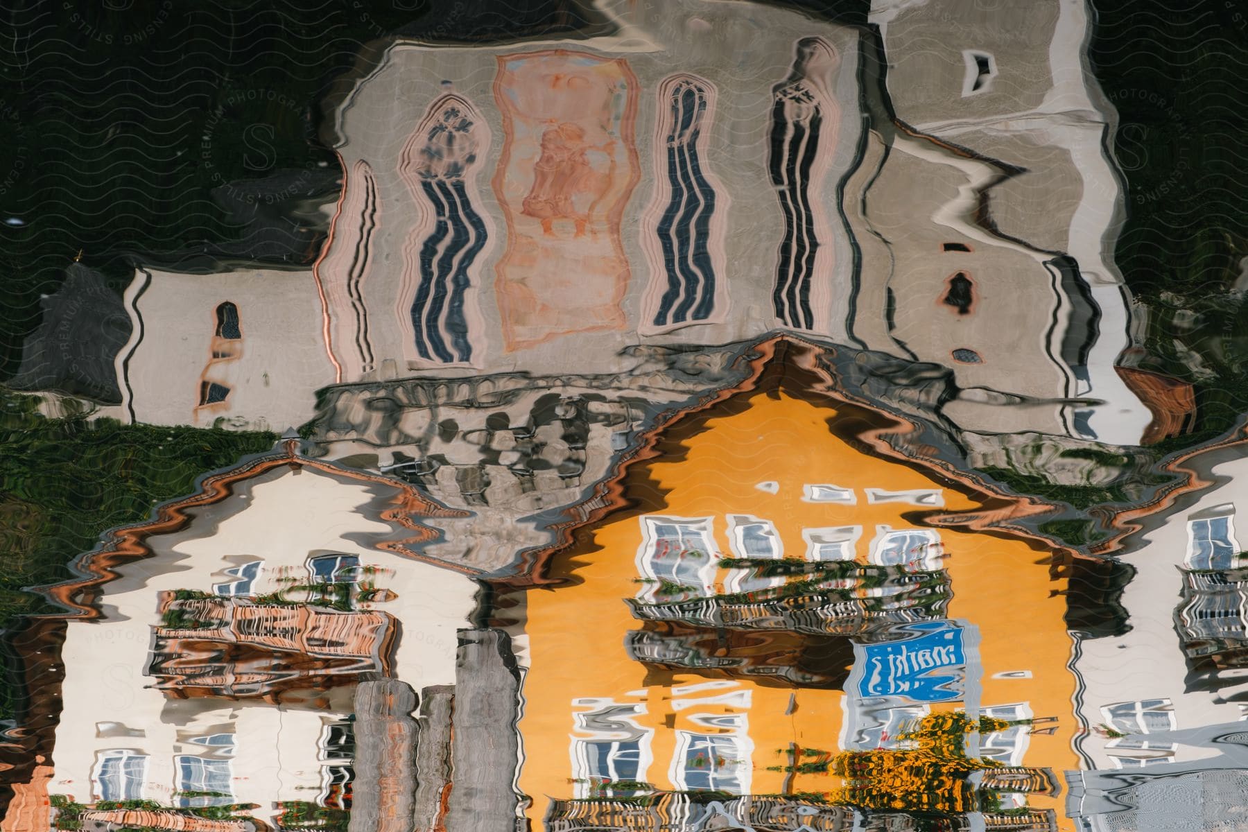 The rippled reflection of a small town in the surface of a lake.