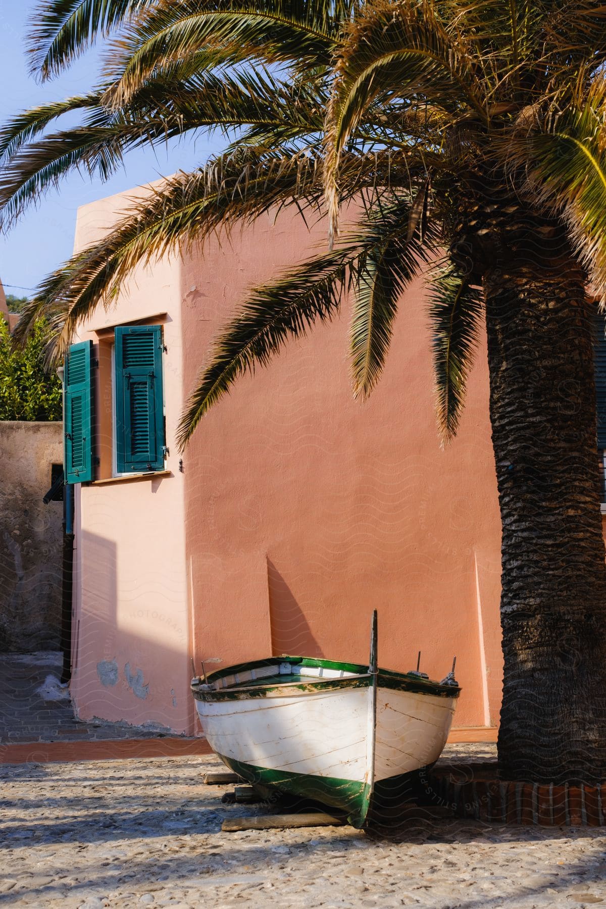 House with green windows and next to a palm tree and a small boat.