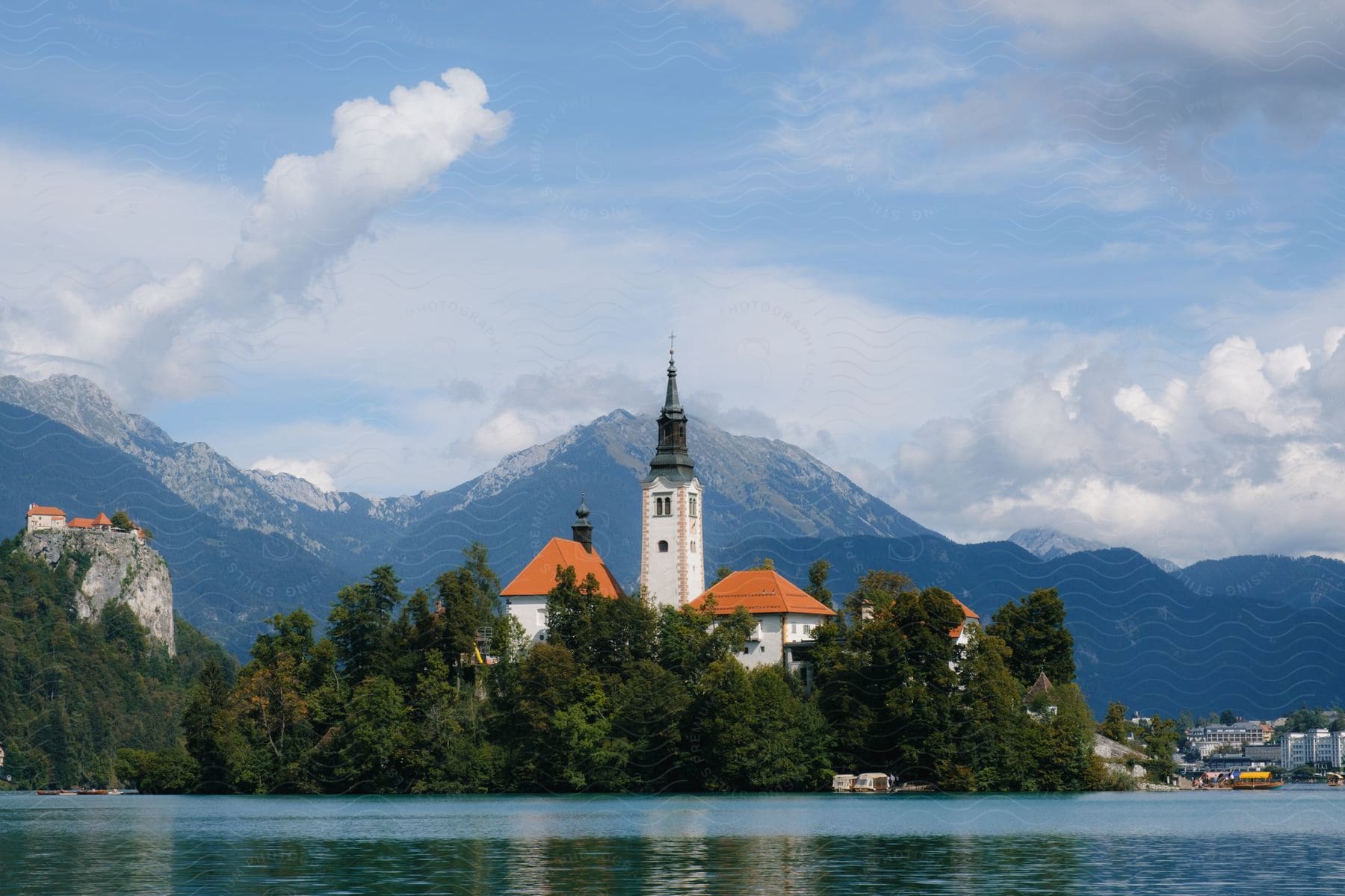 Lake Bled with mountains in Slovenia.