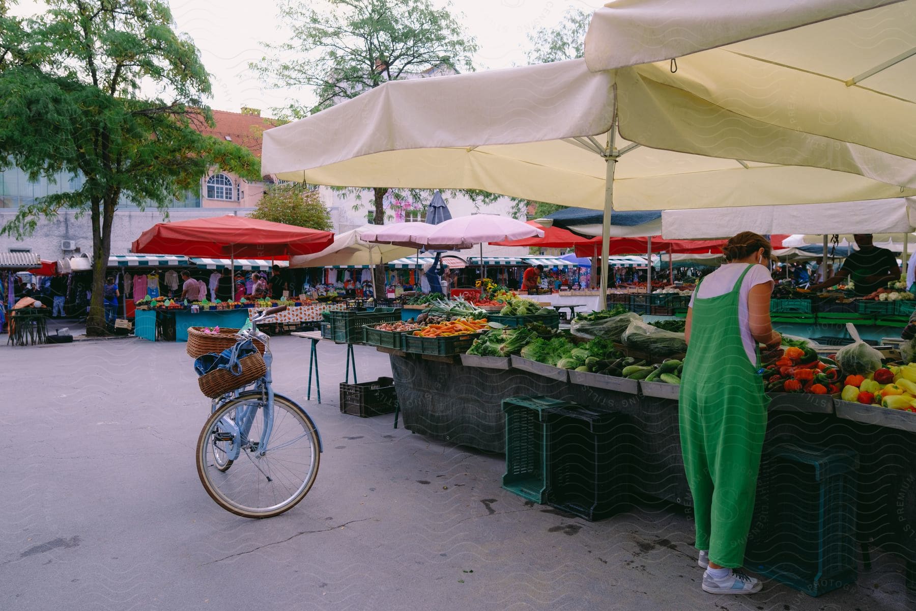 A woman in a green jumpsuit shops at a farmers market.