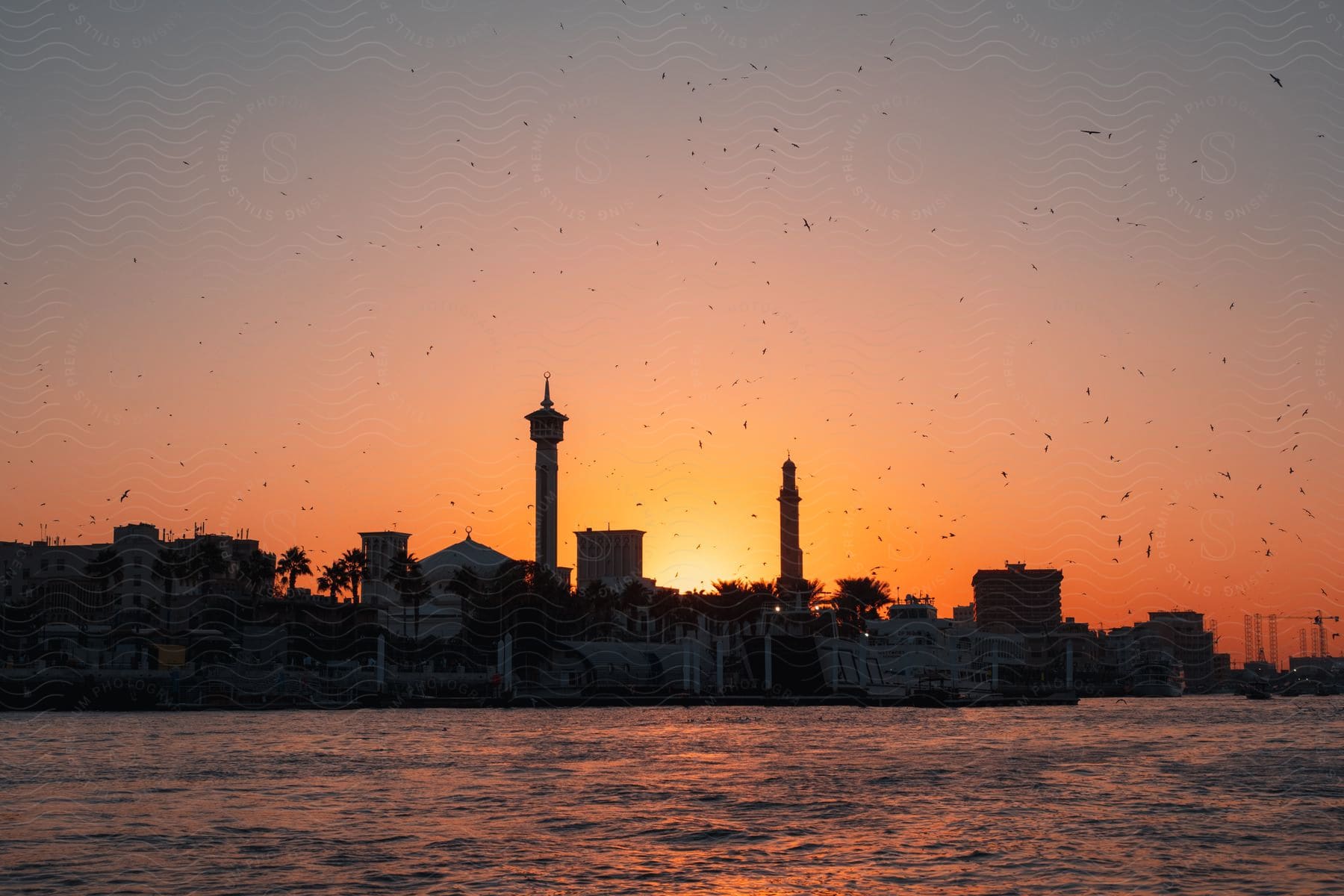 This image is of a beautiful sunset over a city, with birds flying overhead.