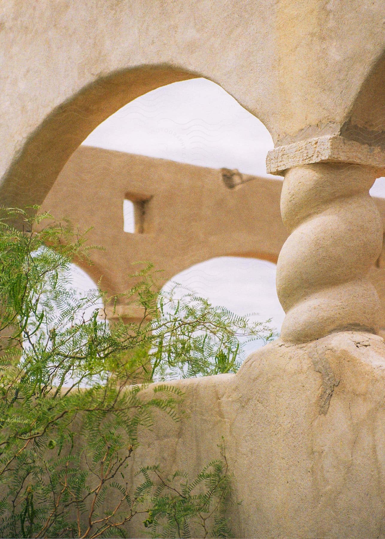 A beige stone arch with a fern tree branch on top