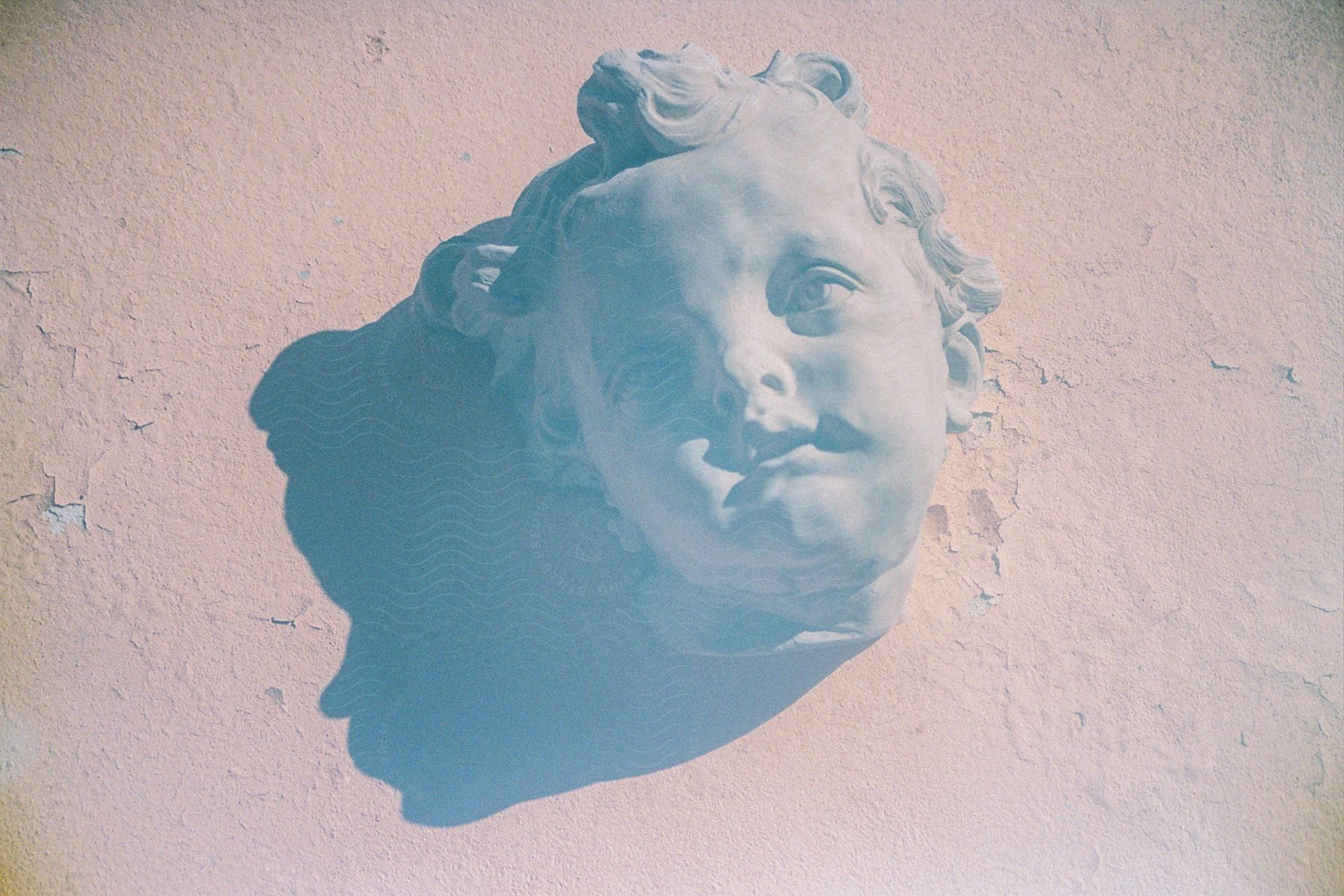 a painting mimics the head of a statue on plaster