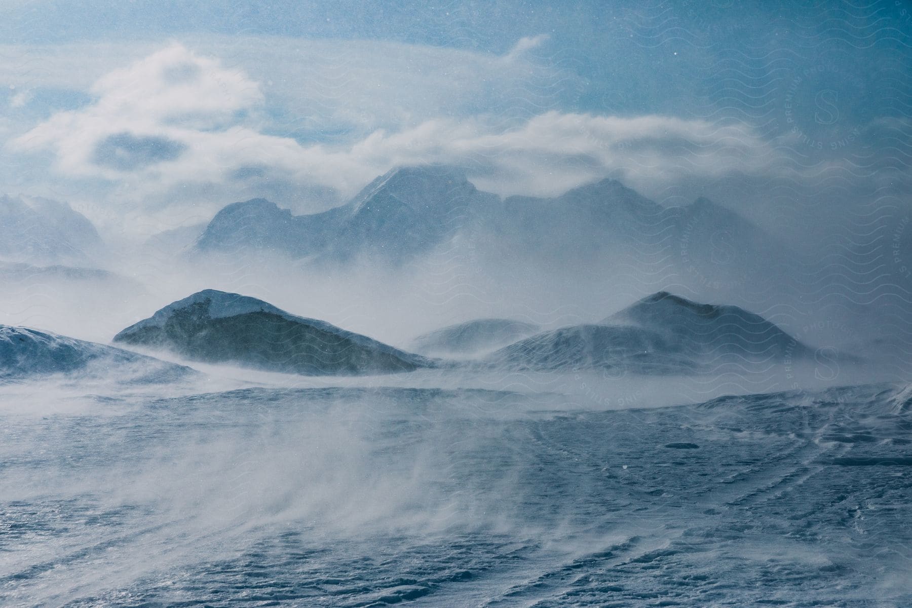 Arctic storm under the mountains.