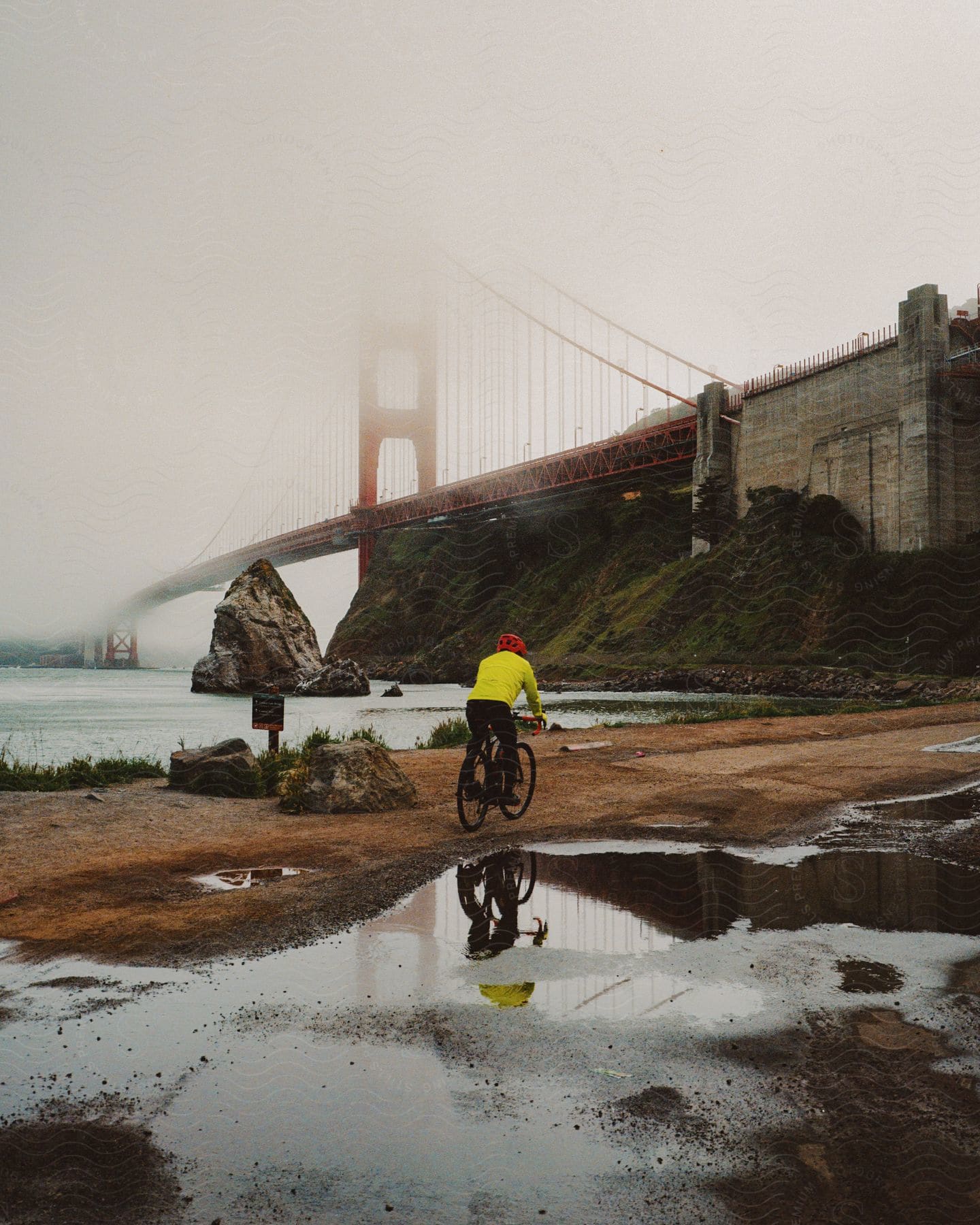 A cyclist riding along a beach under a bridge