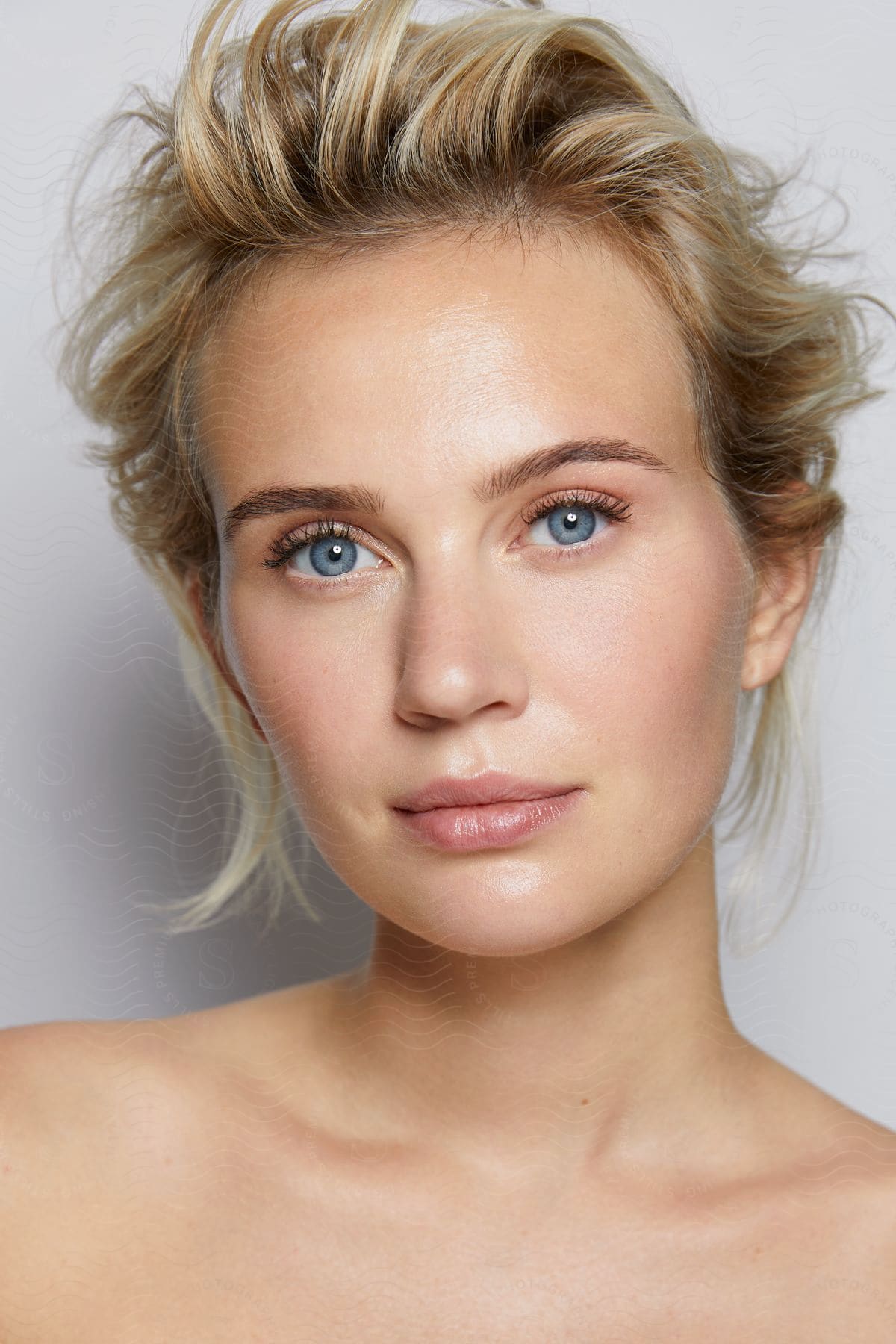 Face portrait of a blonde woman with blue eyes.