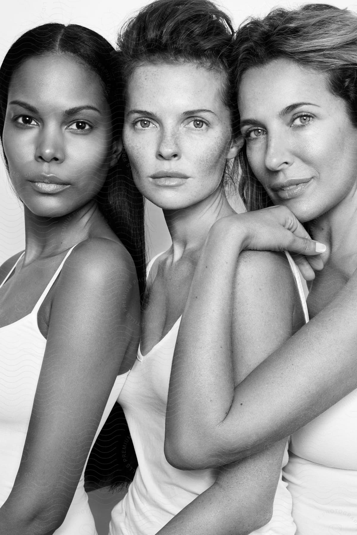 Three women are standing together looking forward