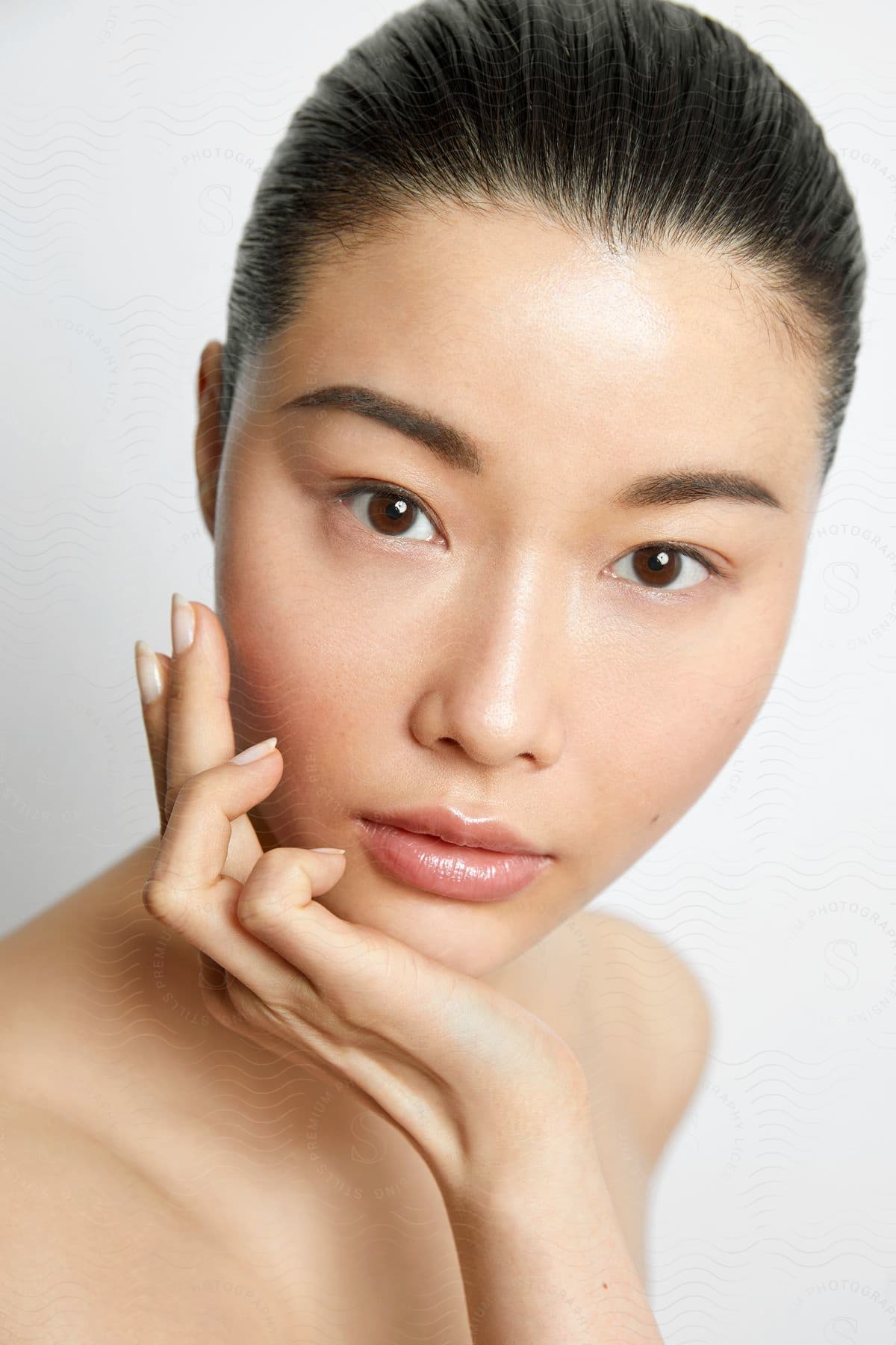 A Model Poses With Her Hand Against Her Chin