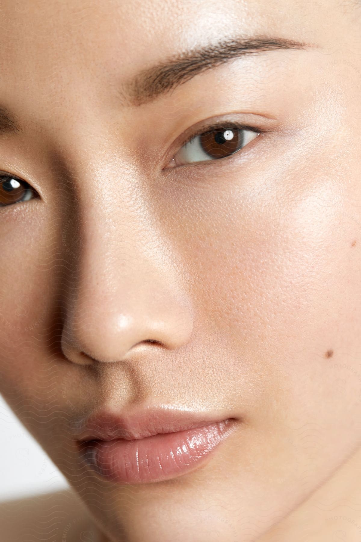 Light shines on the face of a brown eyed Asian woman