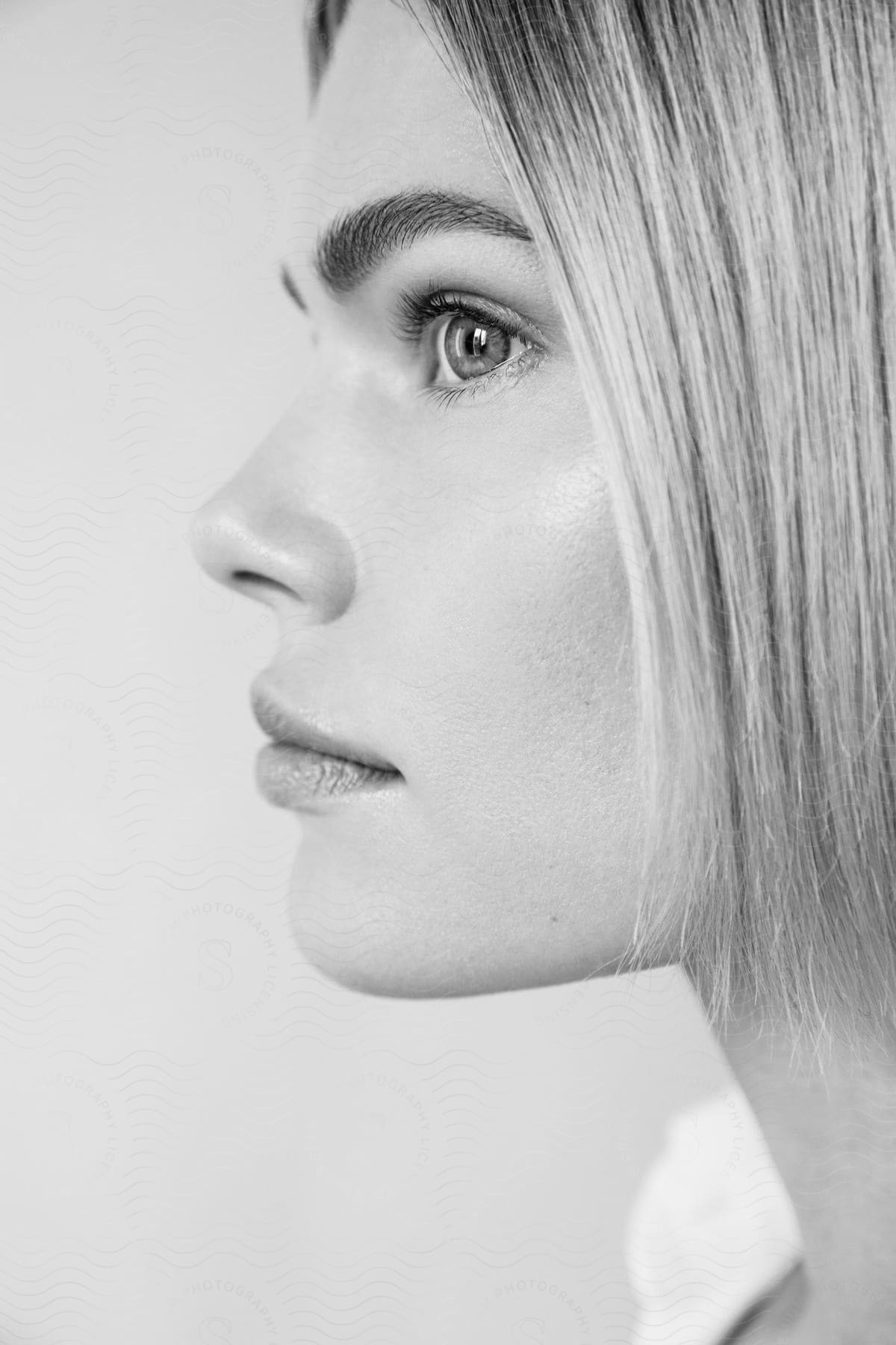 Profile of a beautiful blonde woman with straight short hair