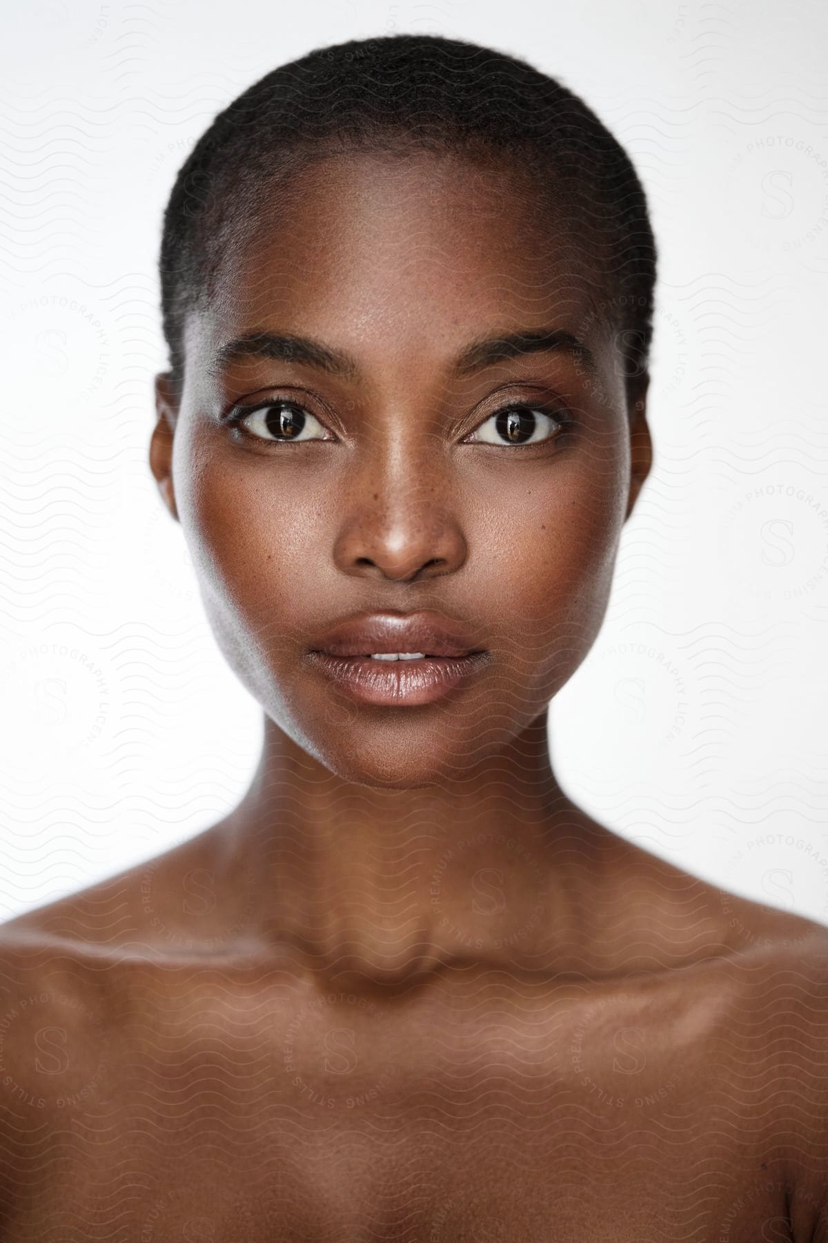 Woman wears bronze lipstick and makeup while posing.