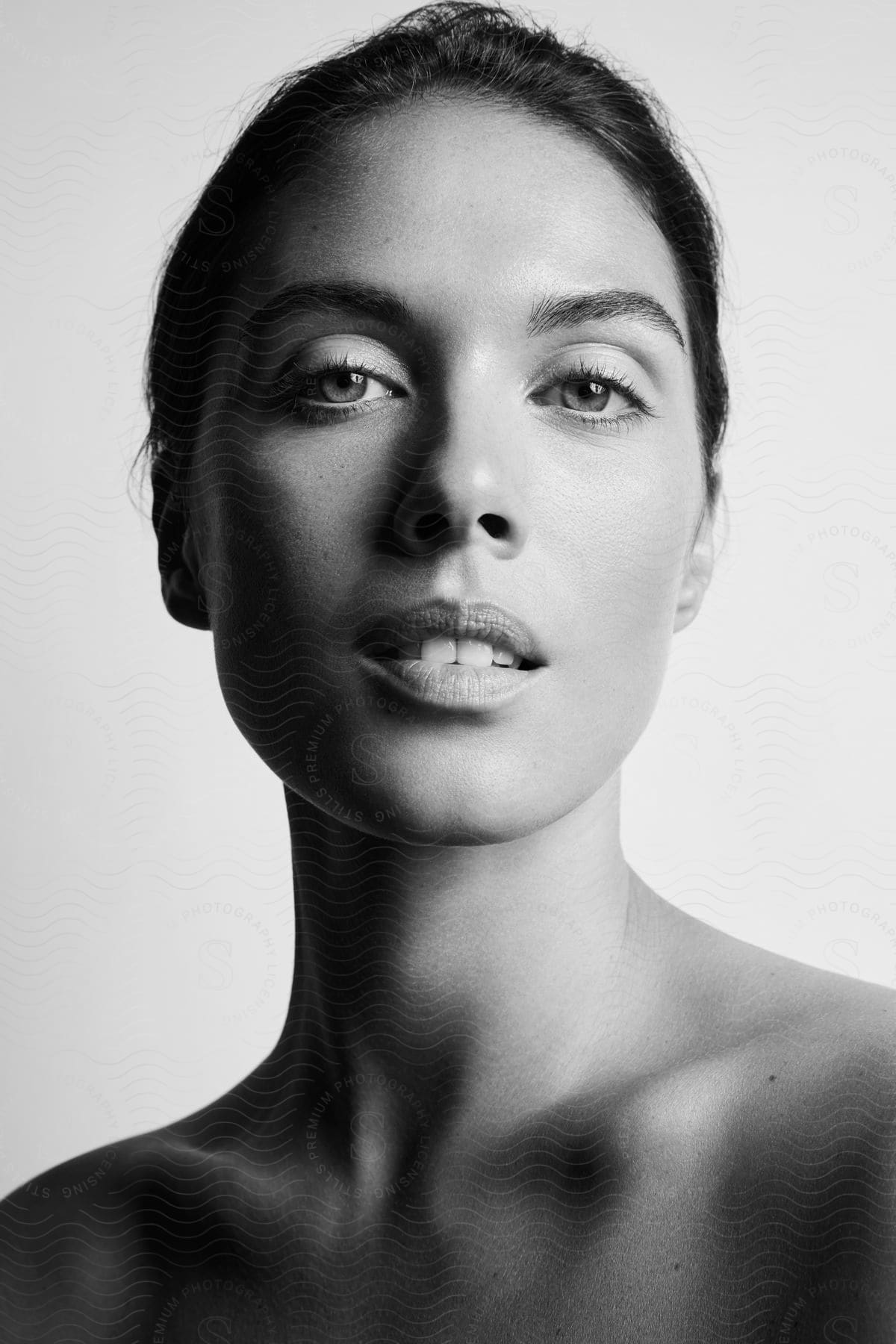 Woman poses with bare shoulders and a slight smile.