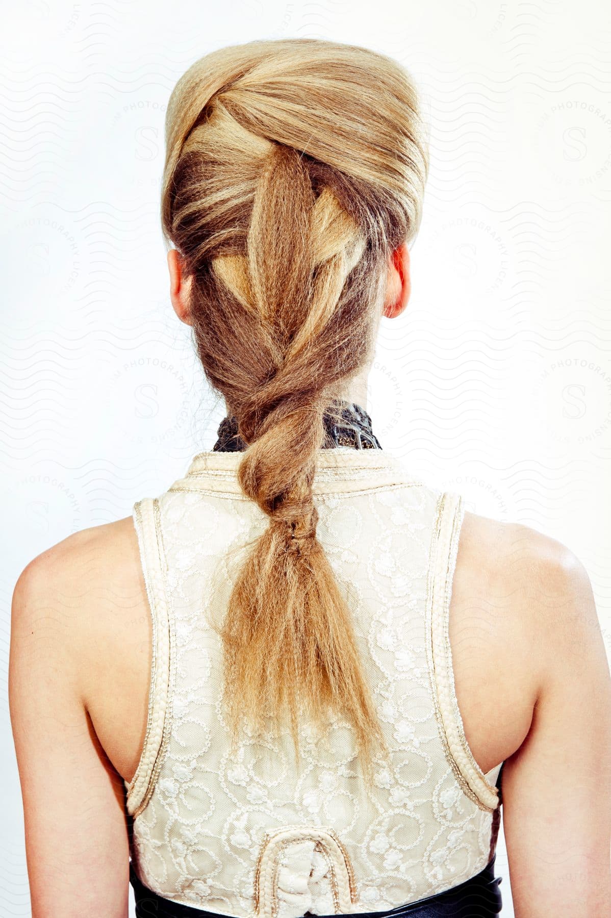 Woman models rear of elaborate hairstyle.