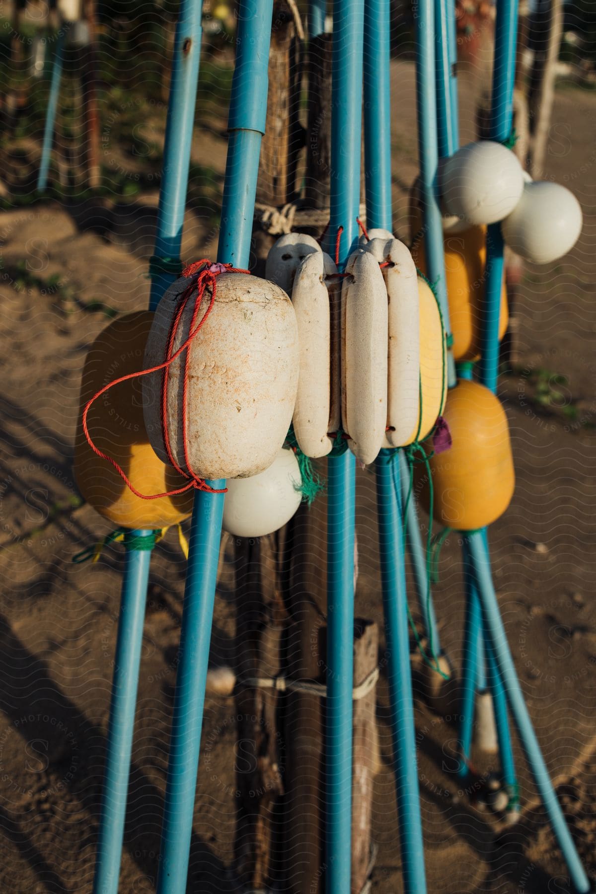 A bunch of blue buoys stand upright on the beach