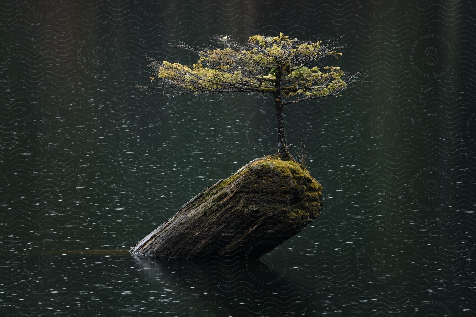 A tree on top of a small rocky island in a lake on a rainy day.