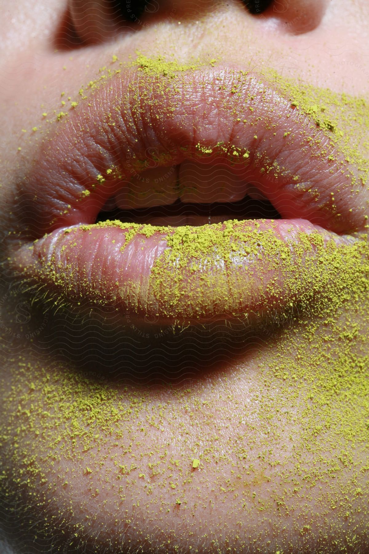 A woman's mouth, covered in yellow dust.