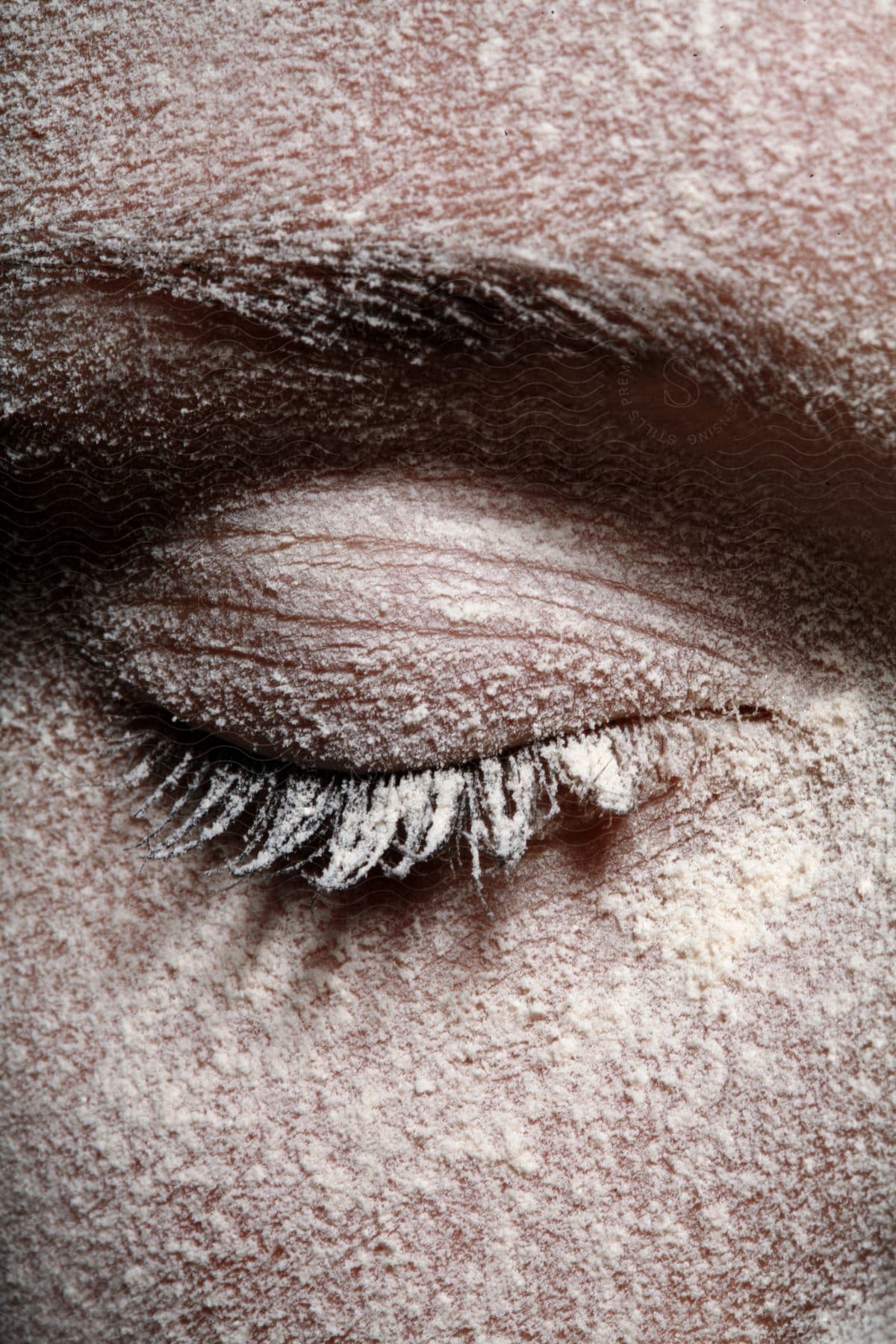 Close-up tip of a closed eye with white powder and eyelashes.