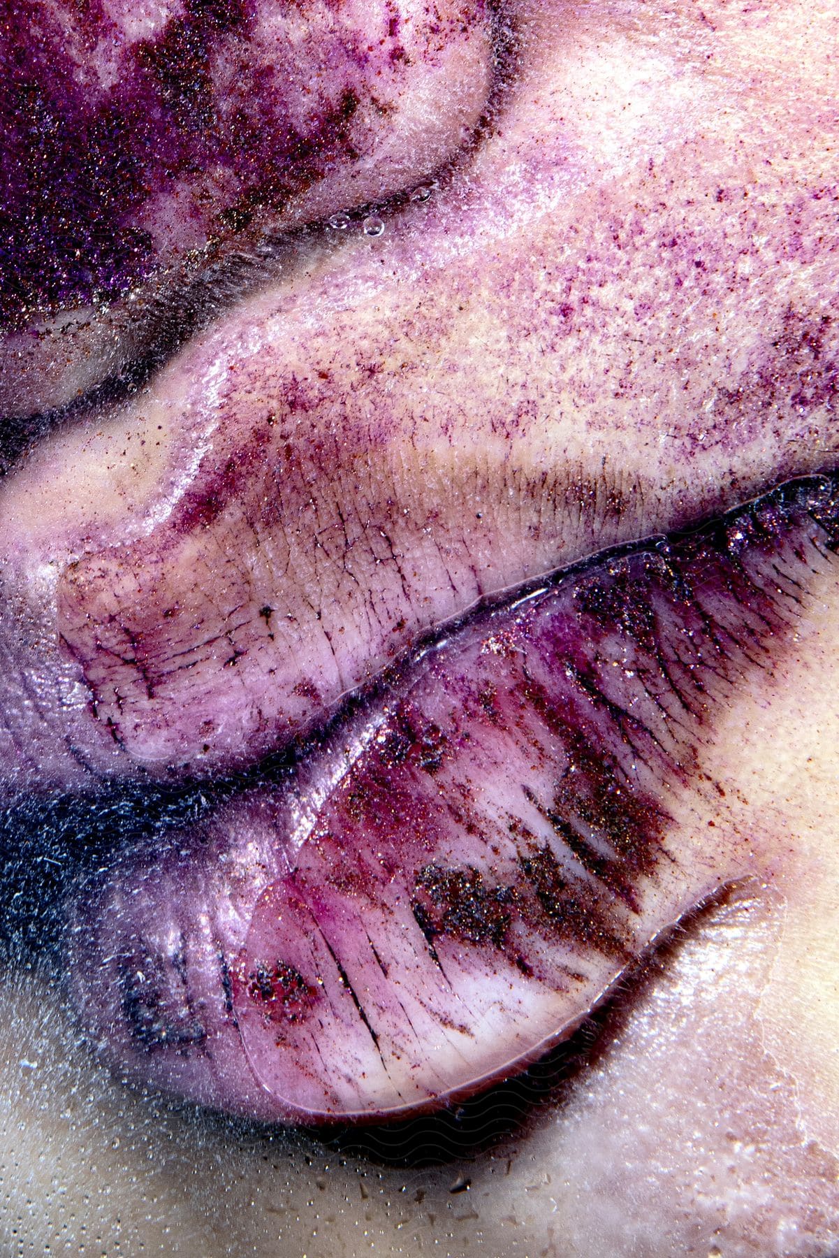 A close up of a woman with purple makeup on thei face