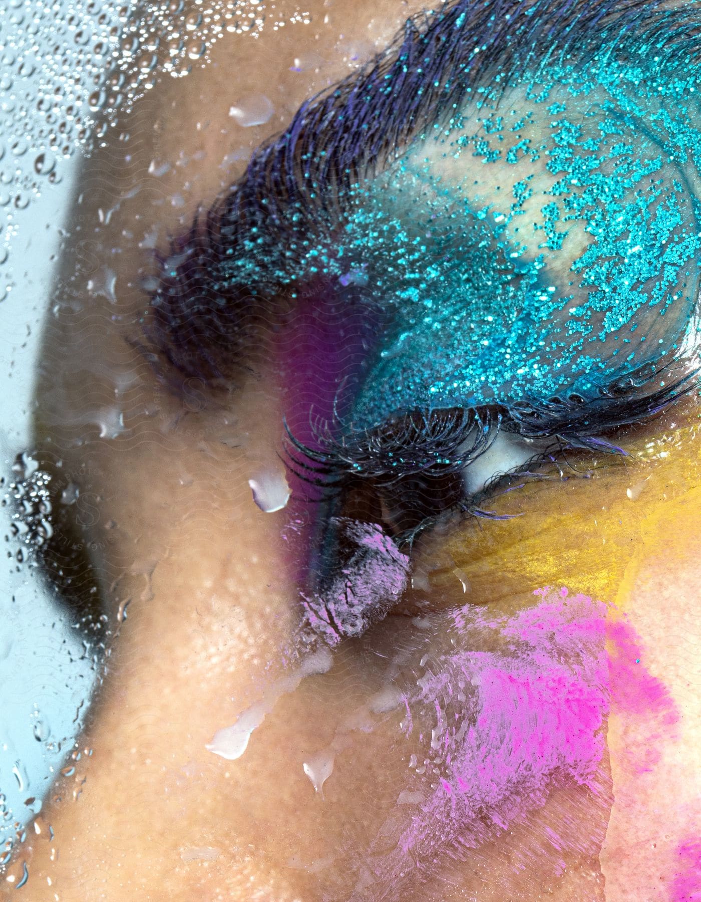 Stock photo of close-up of a woman's face with colorful, bright makeup.