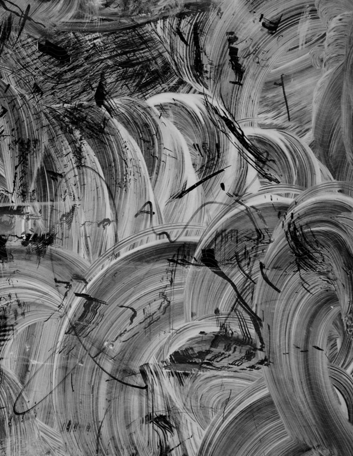 Painting art with black and white colors and shades of gray in disconnected movements.