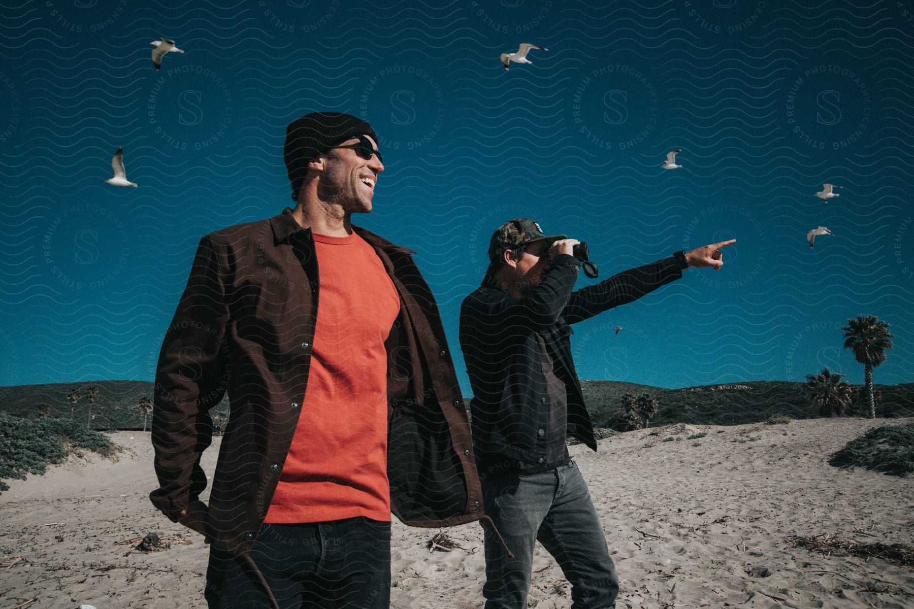 two men laugh while watching birds fly over them on the beach