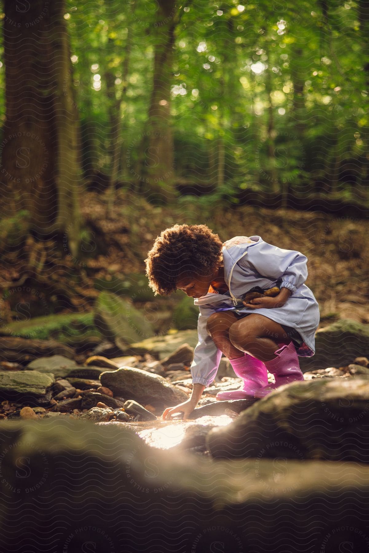 A young girl explores the wonders of nature in the forest.