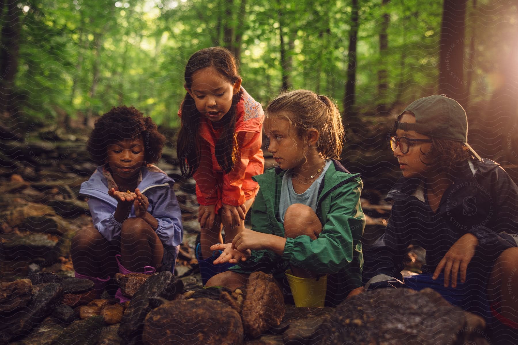 a group of children analyze rocks in the woods