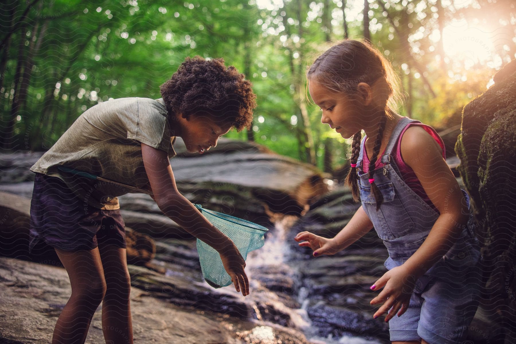 Two young girls are catching fish with a blue net in shady stream.