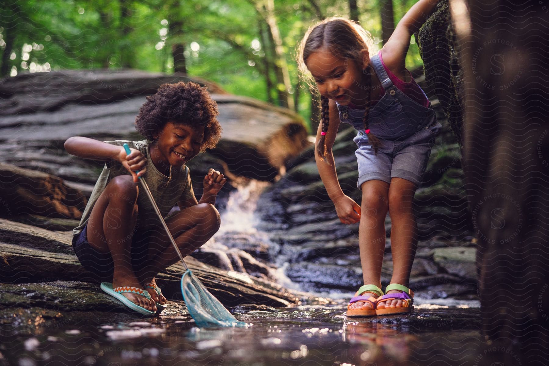 Two girls are in the woods playing with a net in the creek.