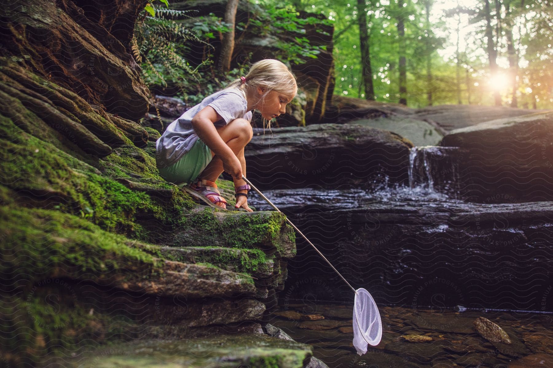 a girl uses a net to catch items in a creek