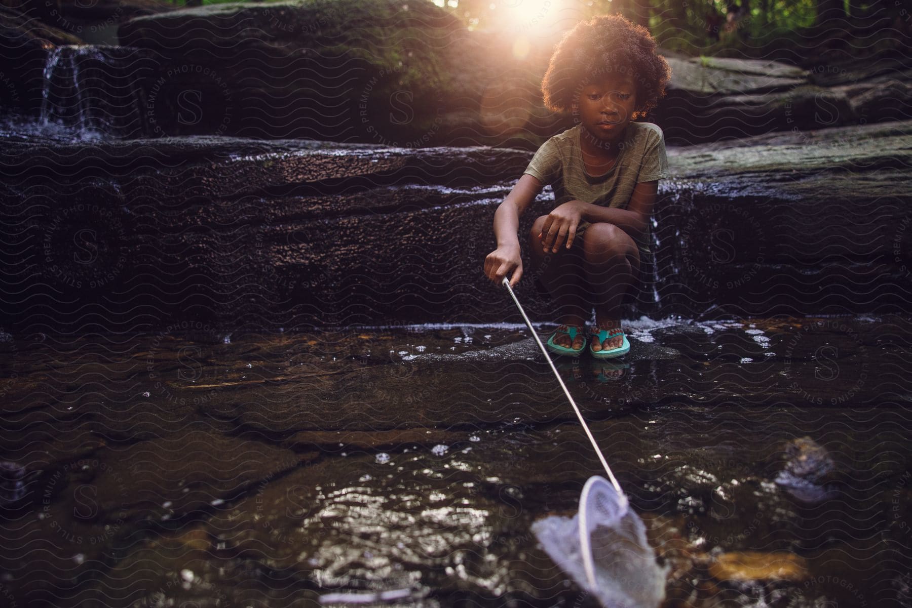 A young girl holds a small fishing net with a long handle into a shallow creek.