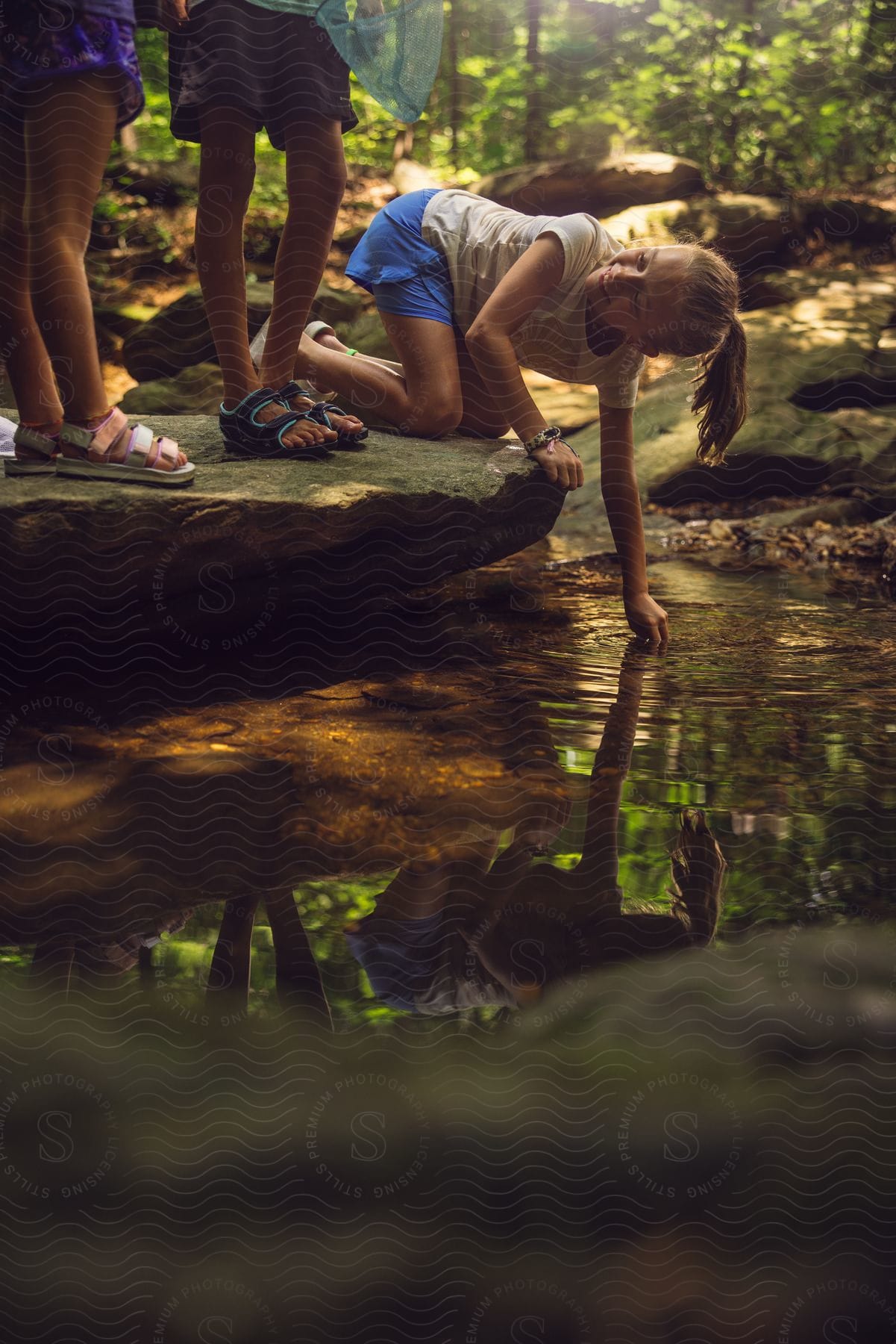 Three children are on a rock at the edge of a creek in the woods as a girl kneels down and reaches her hand into the water