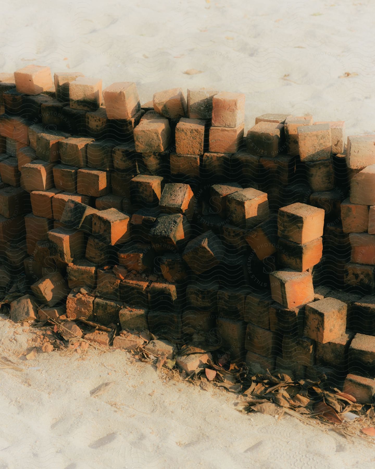 a pile of bricks sitting on top of a sandy beach