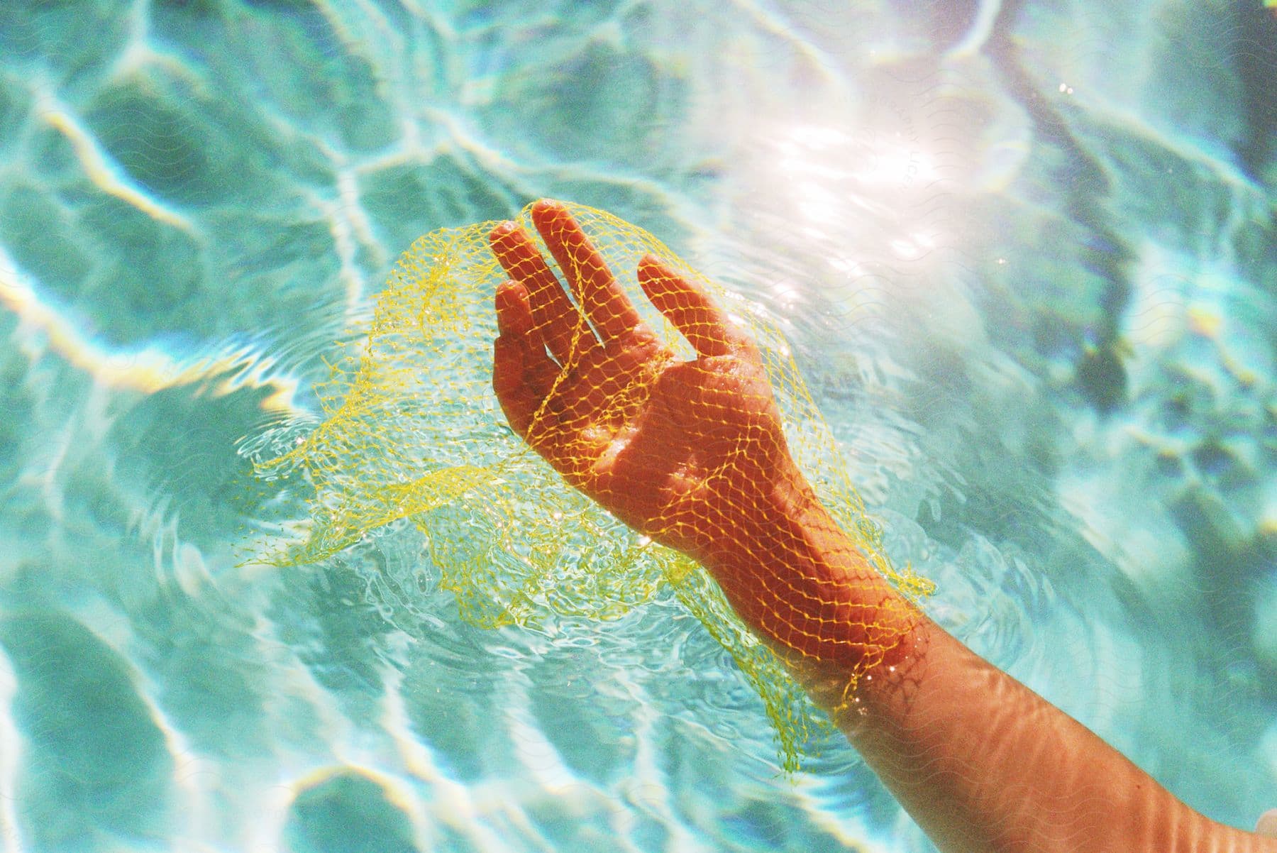 A hand is reaching out of the water to grab a yellow net.