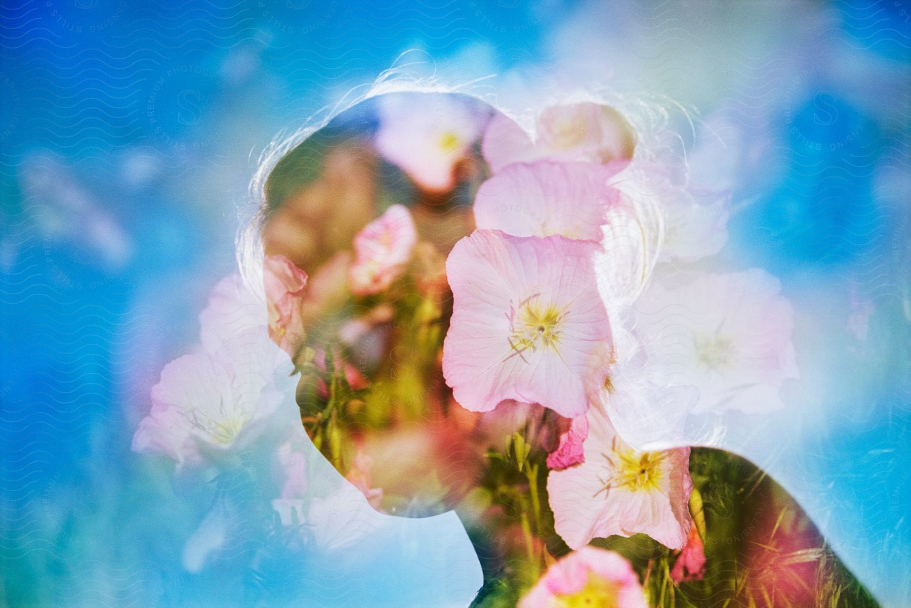 Multi layered exposure of a females face covered in flower petals on a bright sunny day.